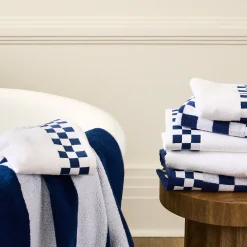 Bath Towel with Indigo Check Border