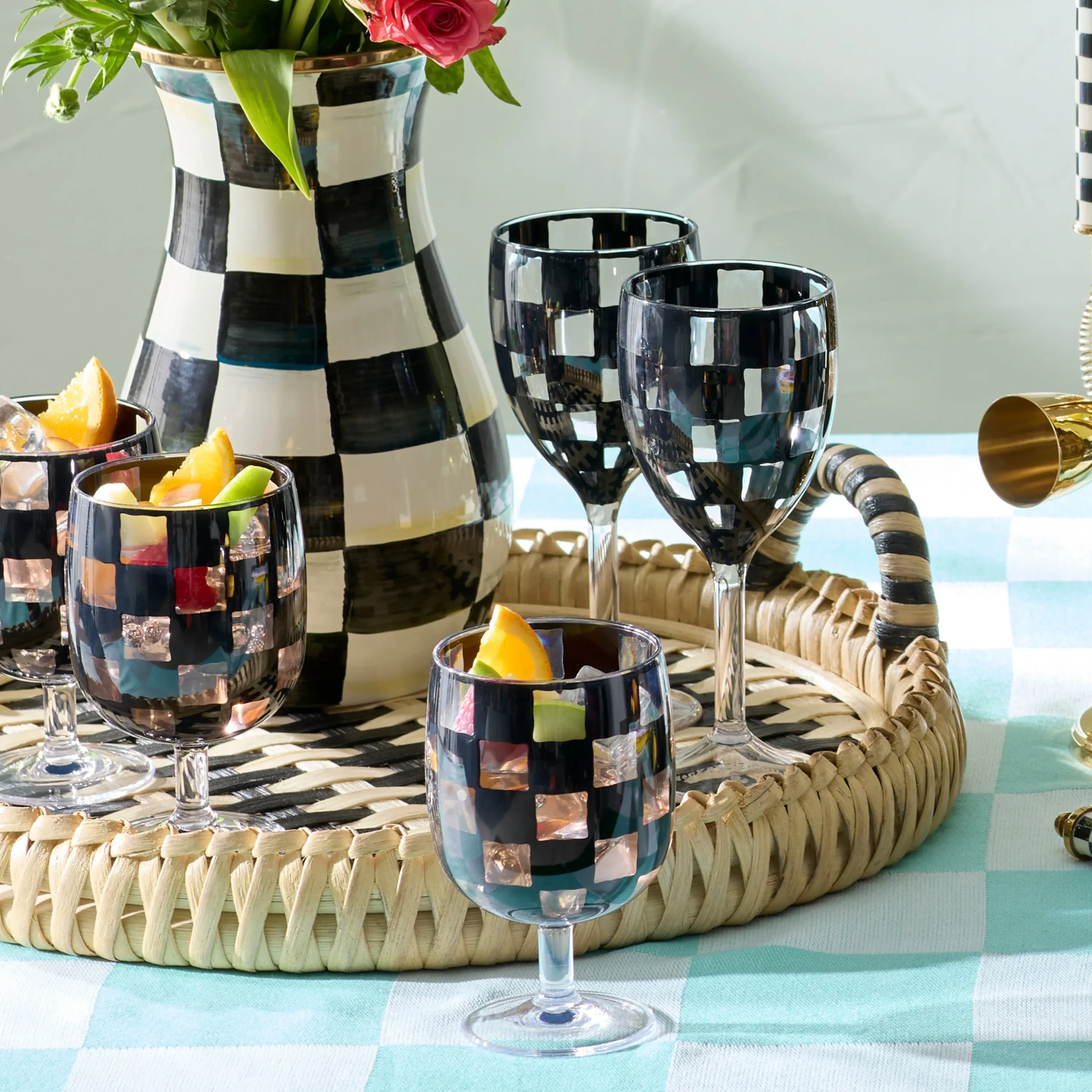 Black Check Acrylic Water Goblets, Set of 4