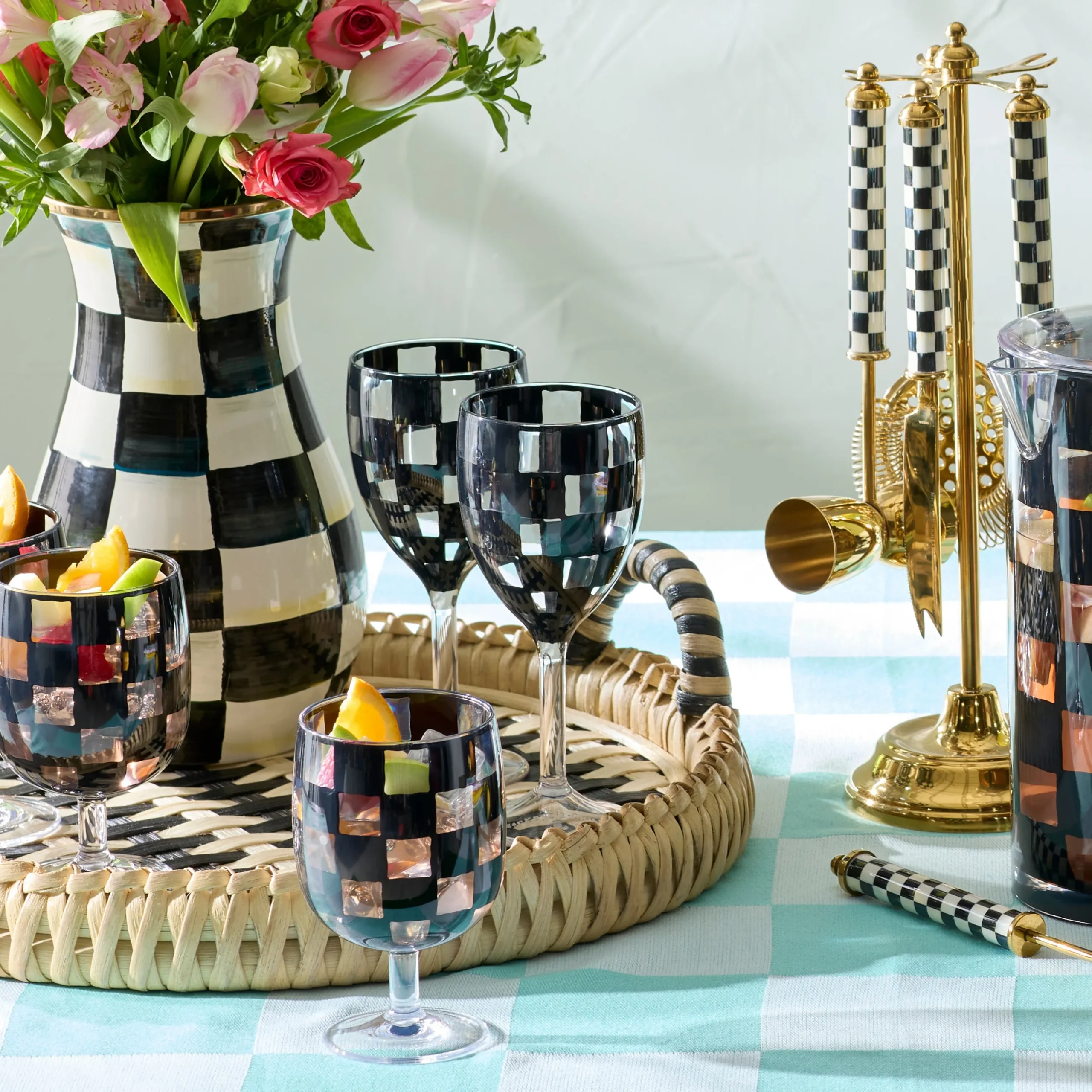 Black Check Acrylic Wine Goblets, Set of 4