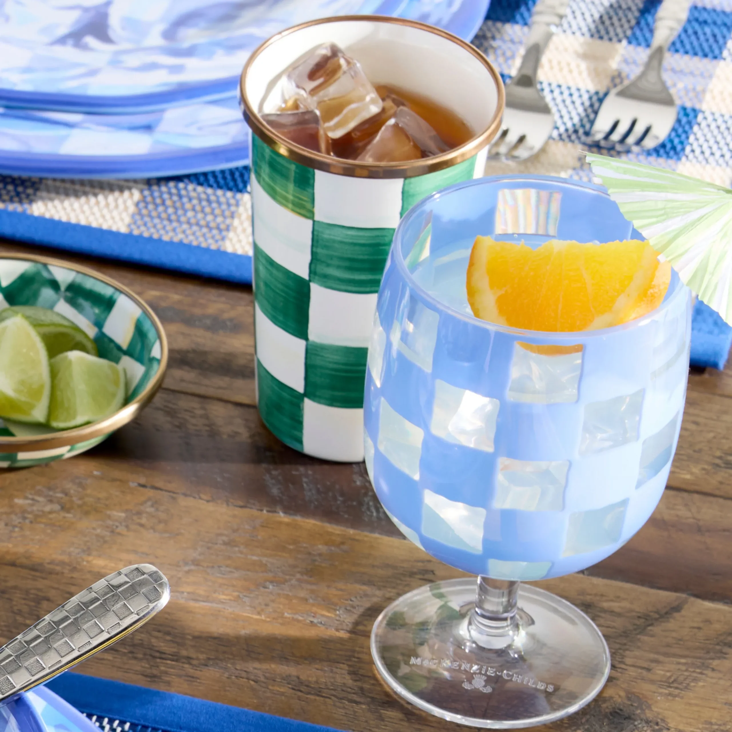 Blue Check Acrylic Water Goblets, Set of 4