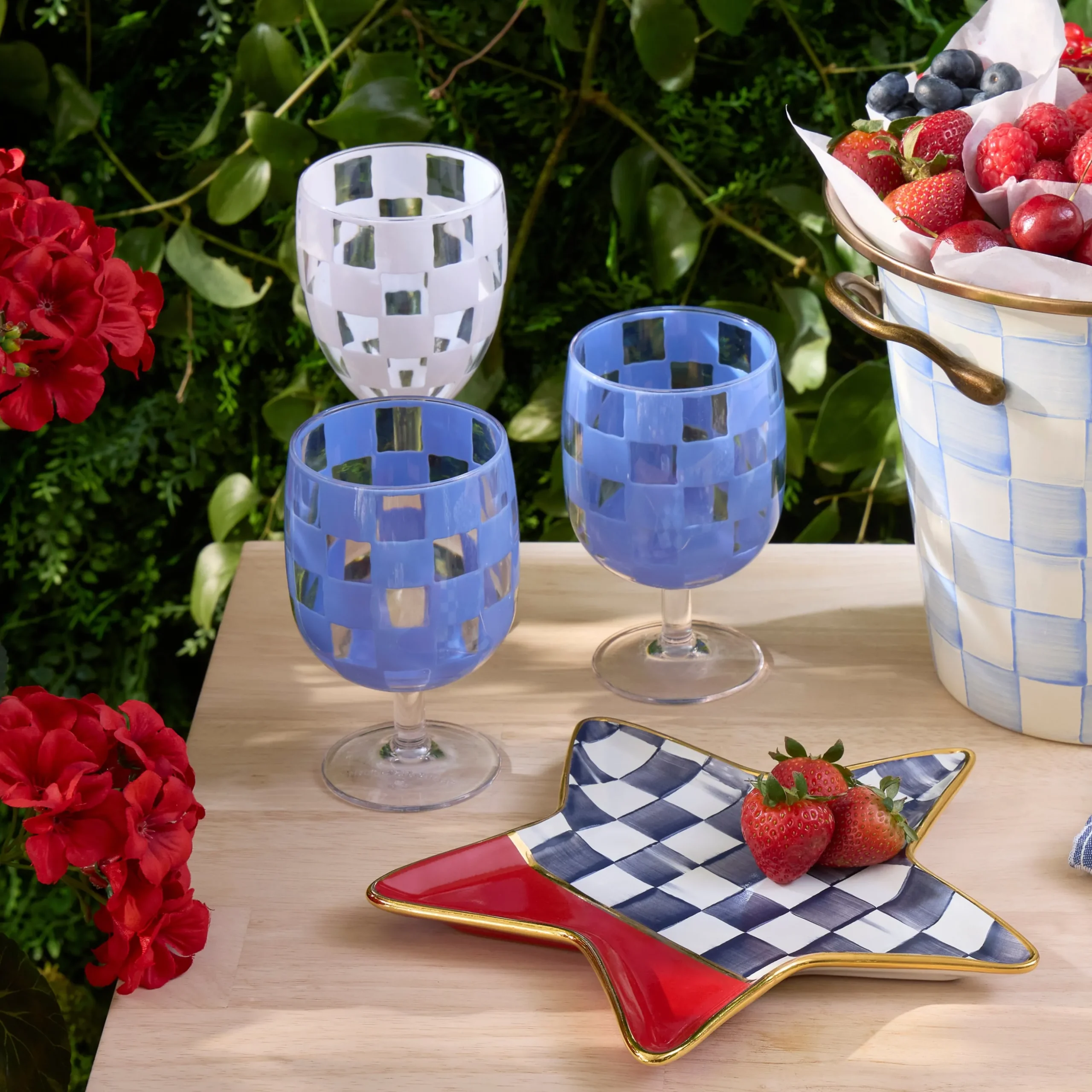 Blue Check Acrylic Water Goblets, Set of 4