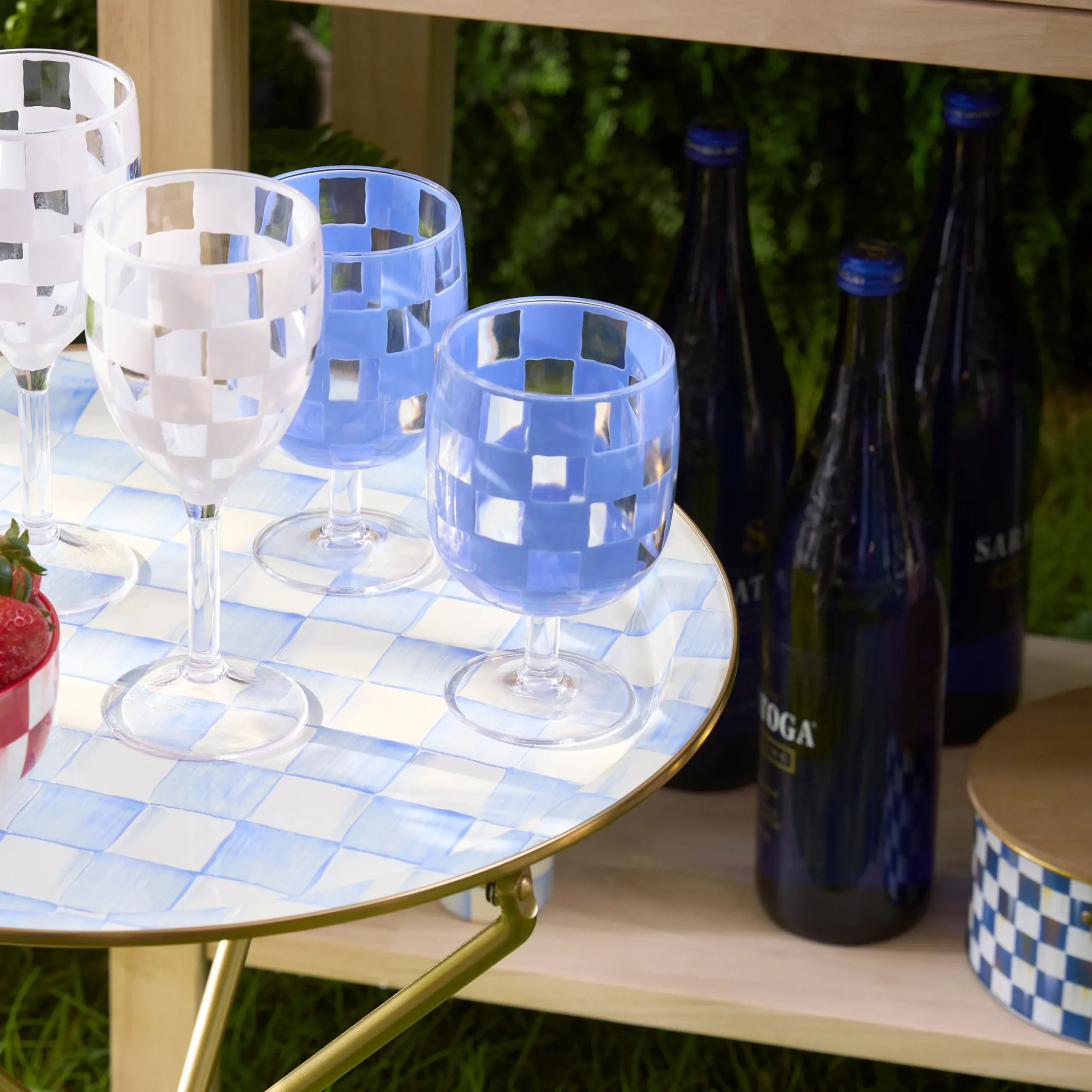 Blue Check Acrylic Water Goblets, Set of 4