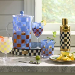 Blue Check Acrylic Wine Goblets, Set of 4