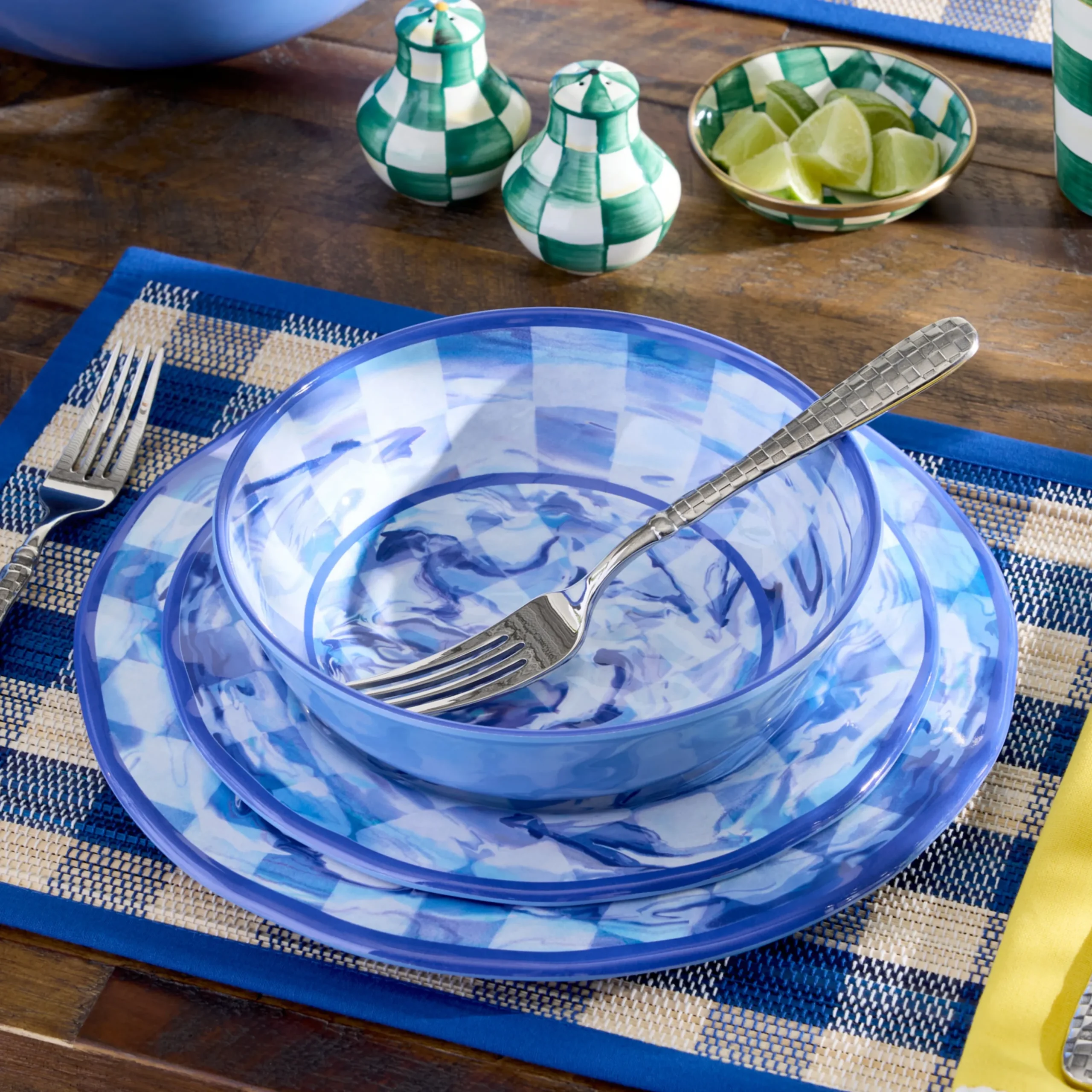 Blue Marble Check Melamine Dinner Plates, Set of 4