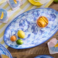 Blue Marble Check Melamine Oval Platter
