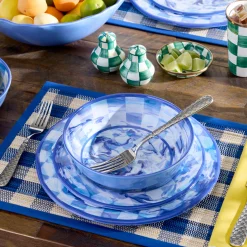Blue Woven Check Straw Placemats, Set of 4