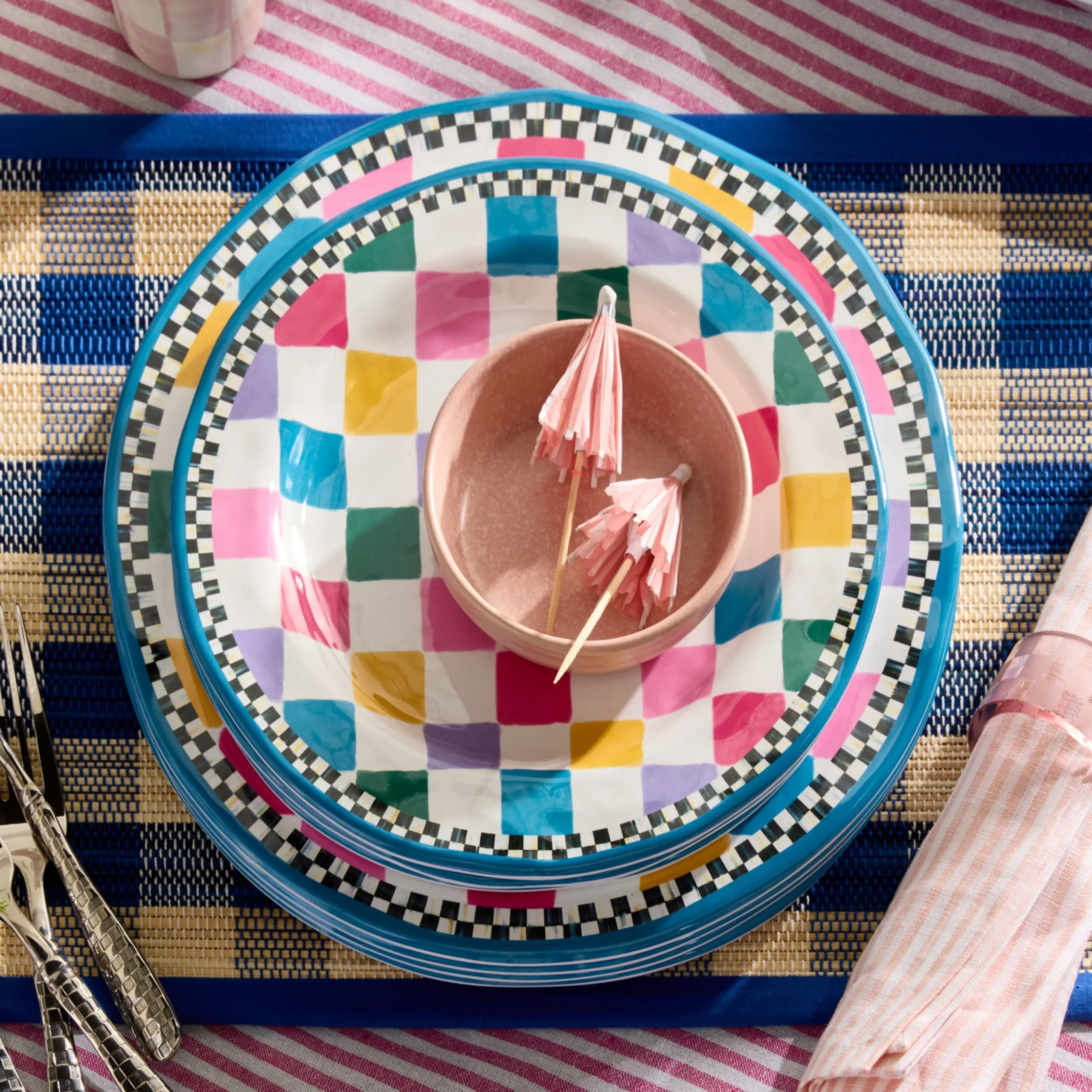 Blue Woven Check Straw Placemats, Set of 4