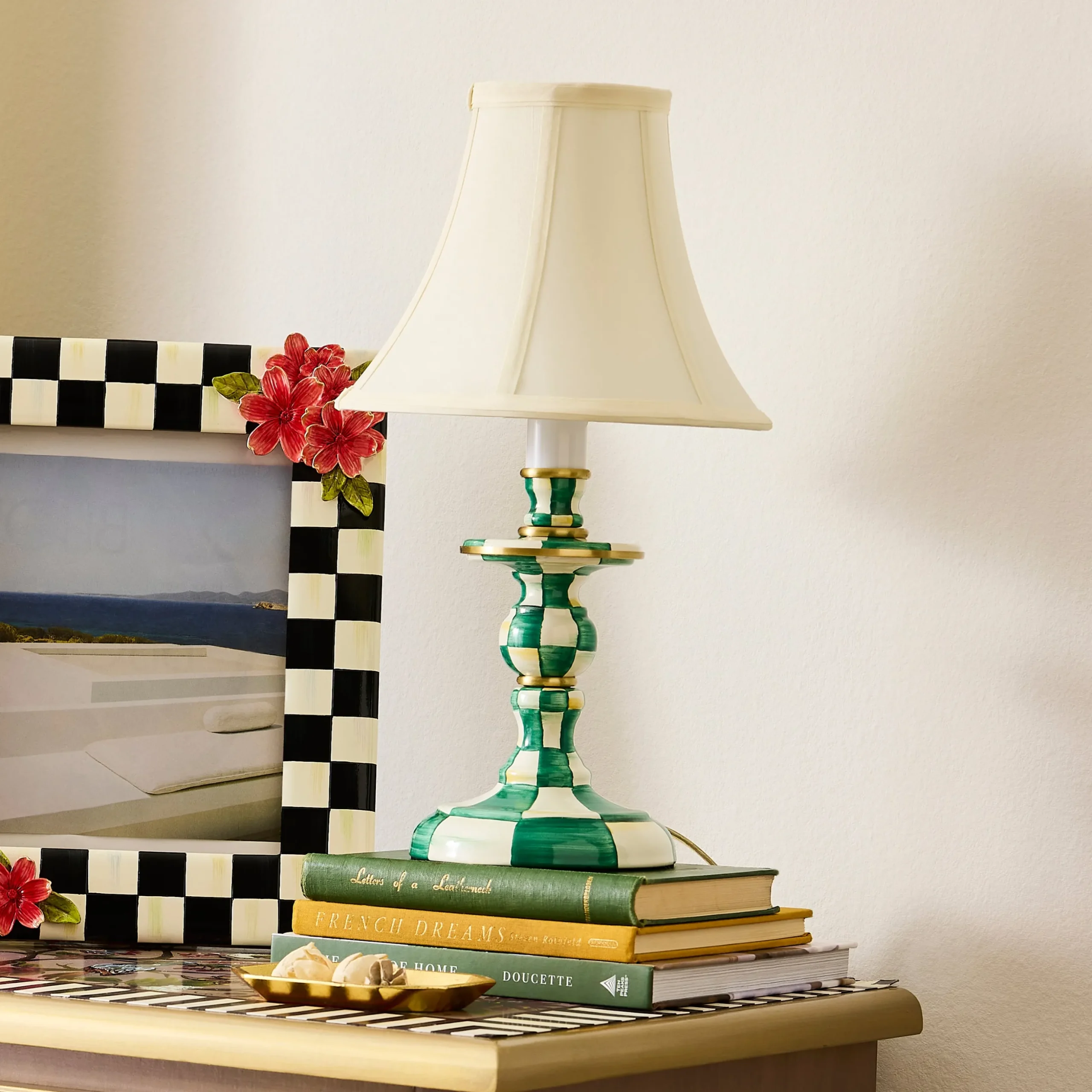 Emerald Check Candlestick Lamp