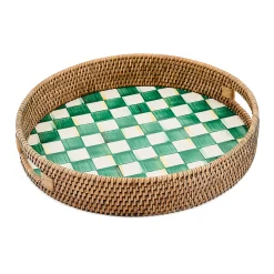 Emerald Check Enamel & Rattan Round Serving Tray
