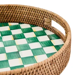 Emerald Check Enamel & Rattan Round Serving Tray
