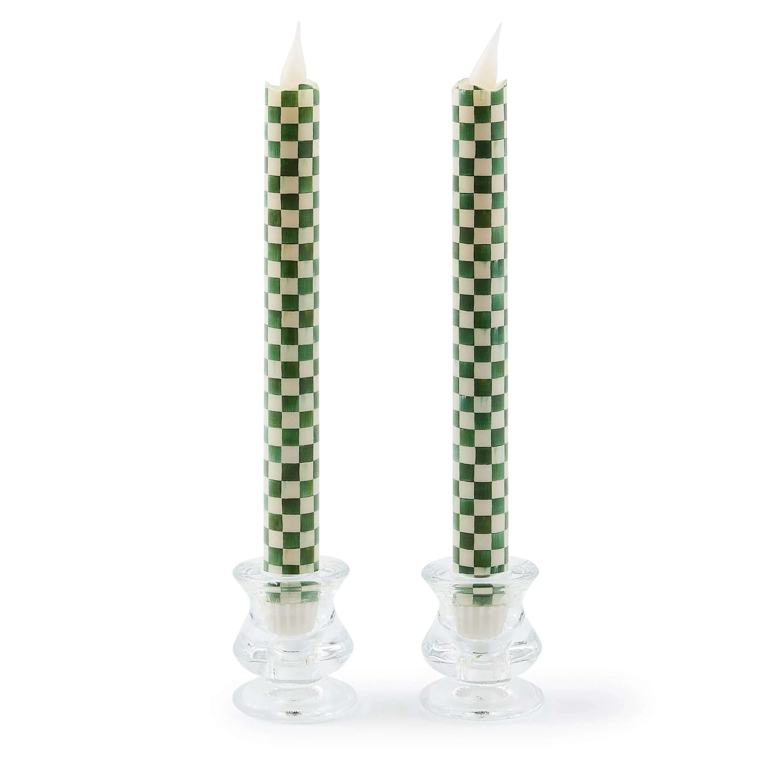 Emerald Check Flameless Dinner Candles, Set of 2