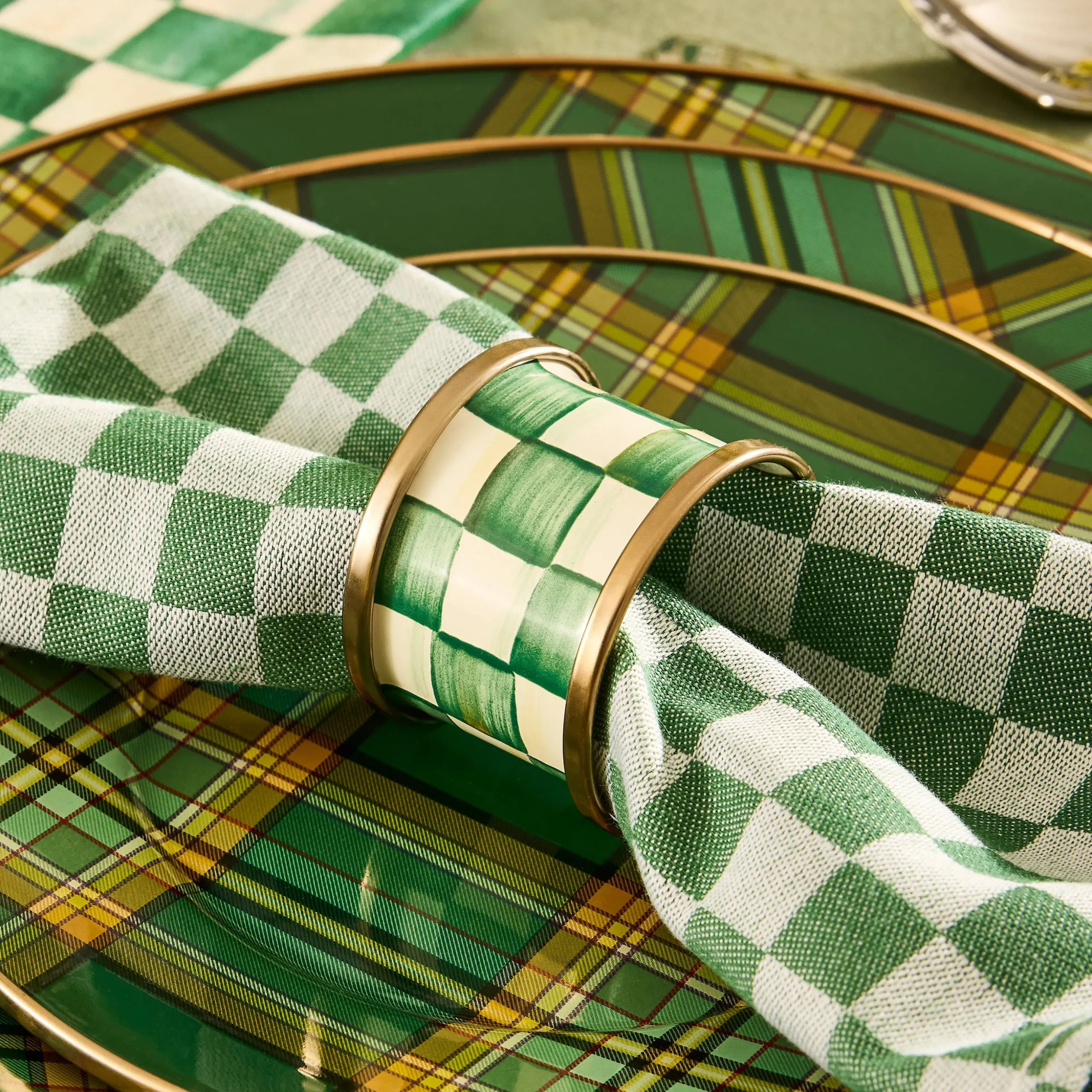 Emerald Check Napkin Rings, Set of 4
