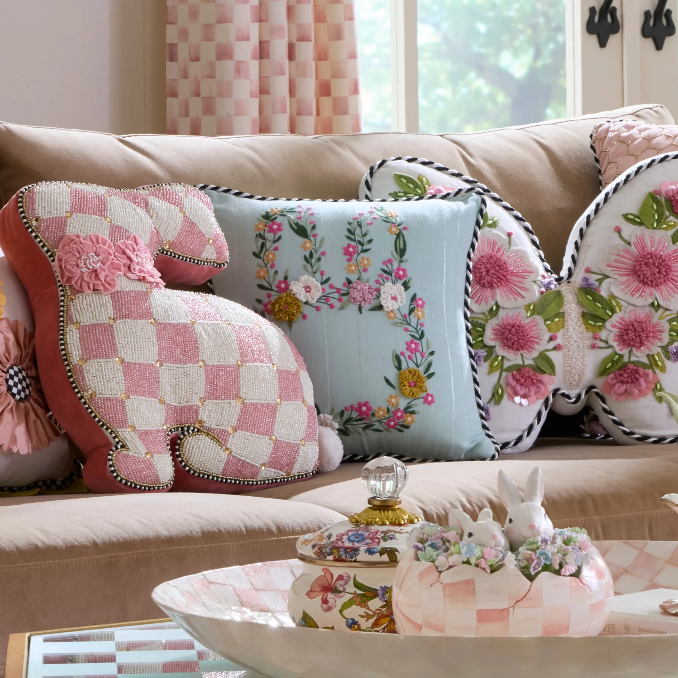 Floral Bunny Embroidered Throw Pillow
