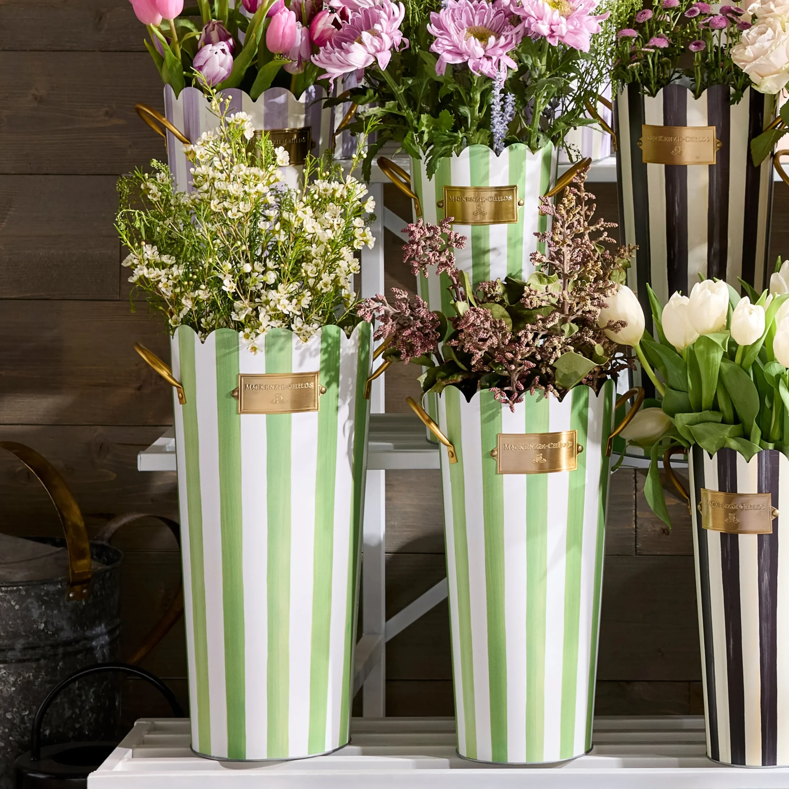 Grass Green Stripe Flower Buckets, Set of 3
