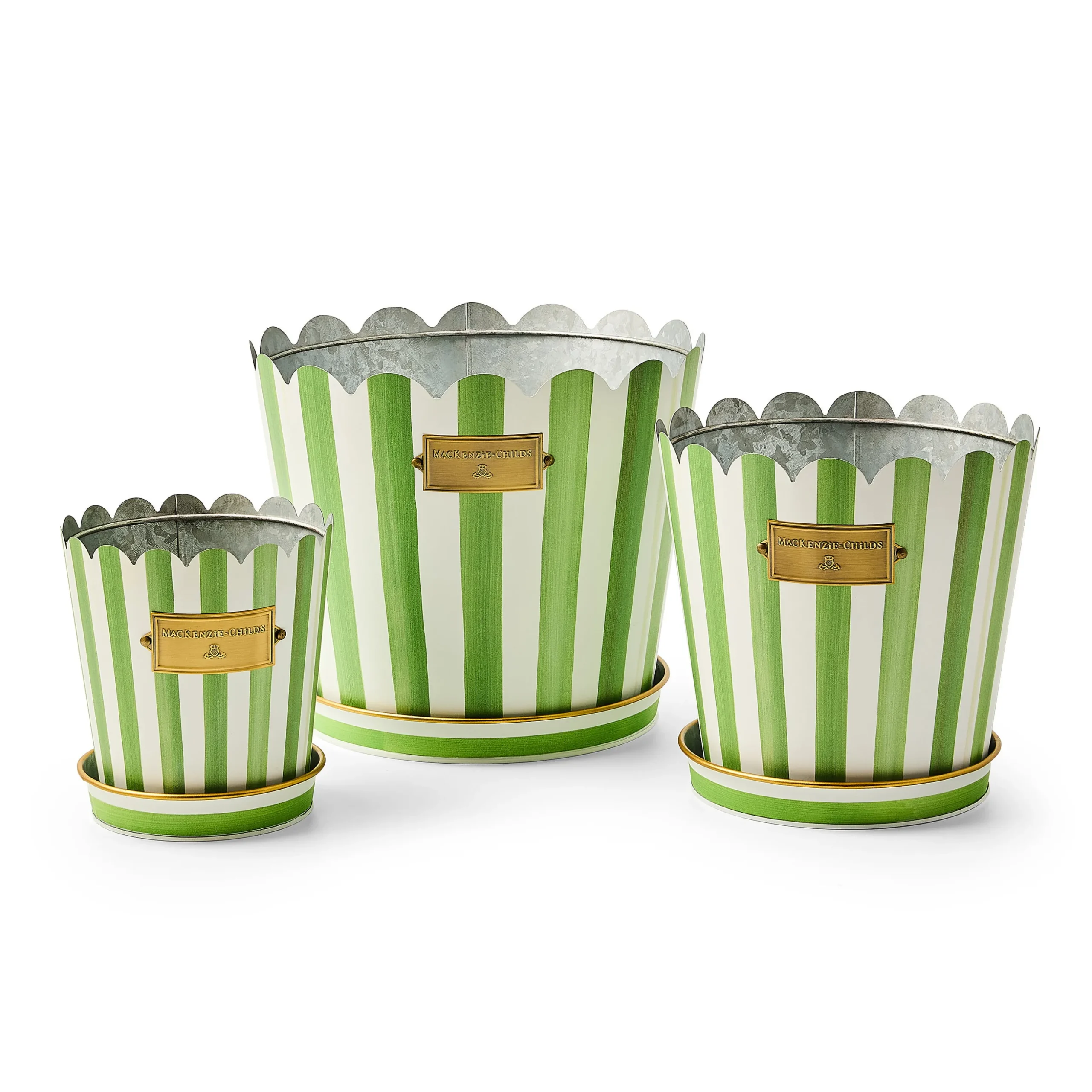 Grass Green Stripe Pots & Saucers, Set of 3