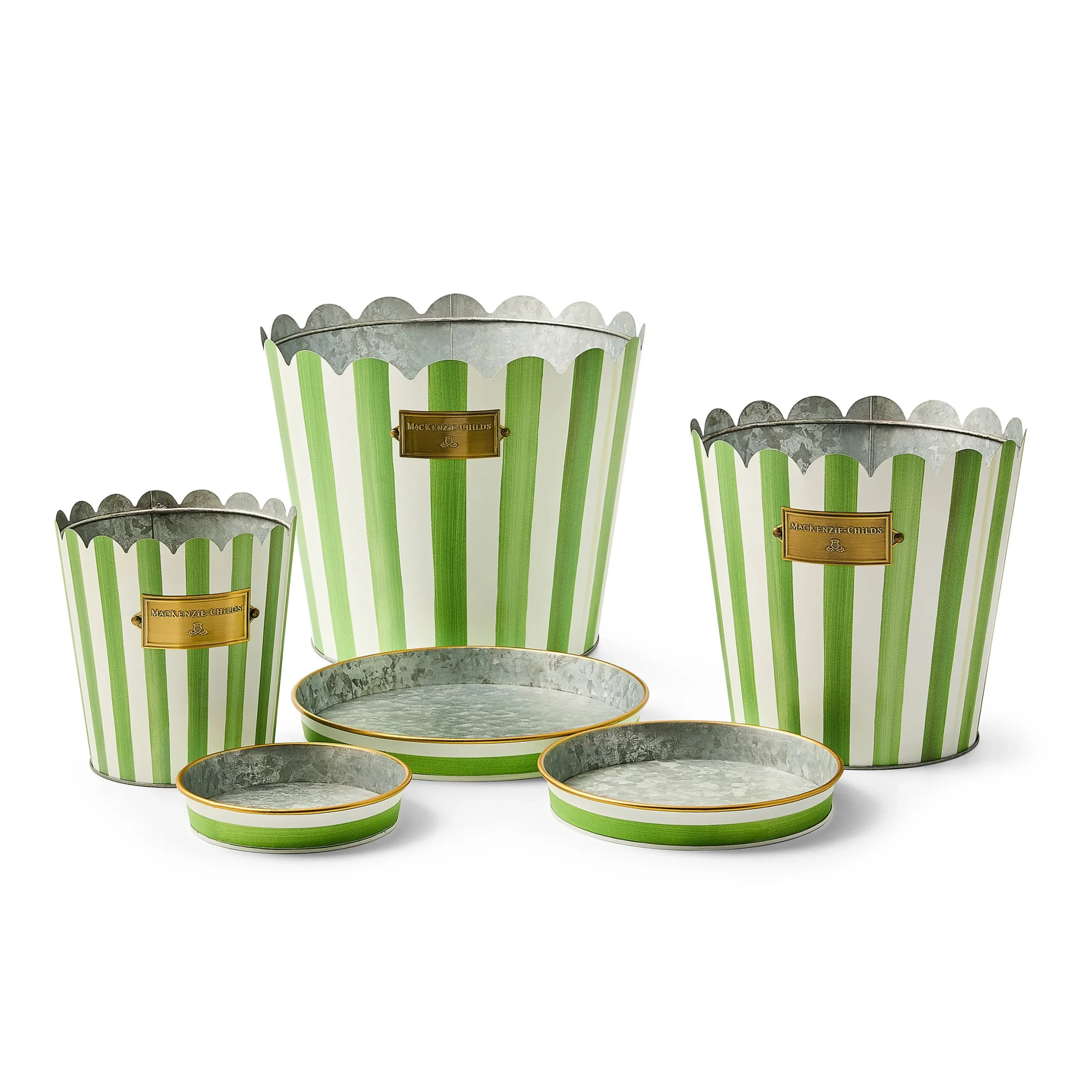 Grass Green Stripe Pots & Saucers, Set of 3