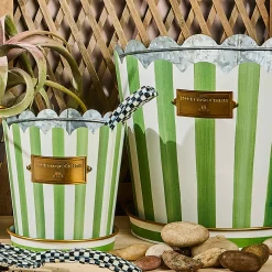 Grass Green Stripe Pots & Saucers, Set of 3