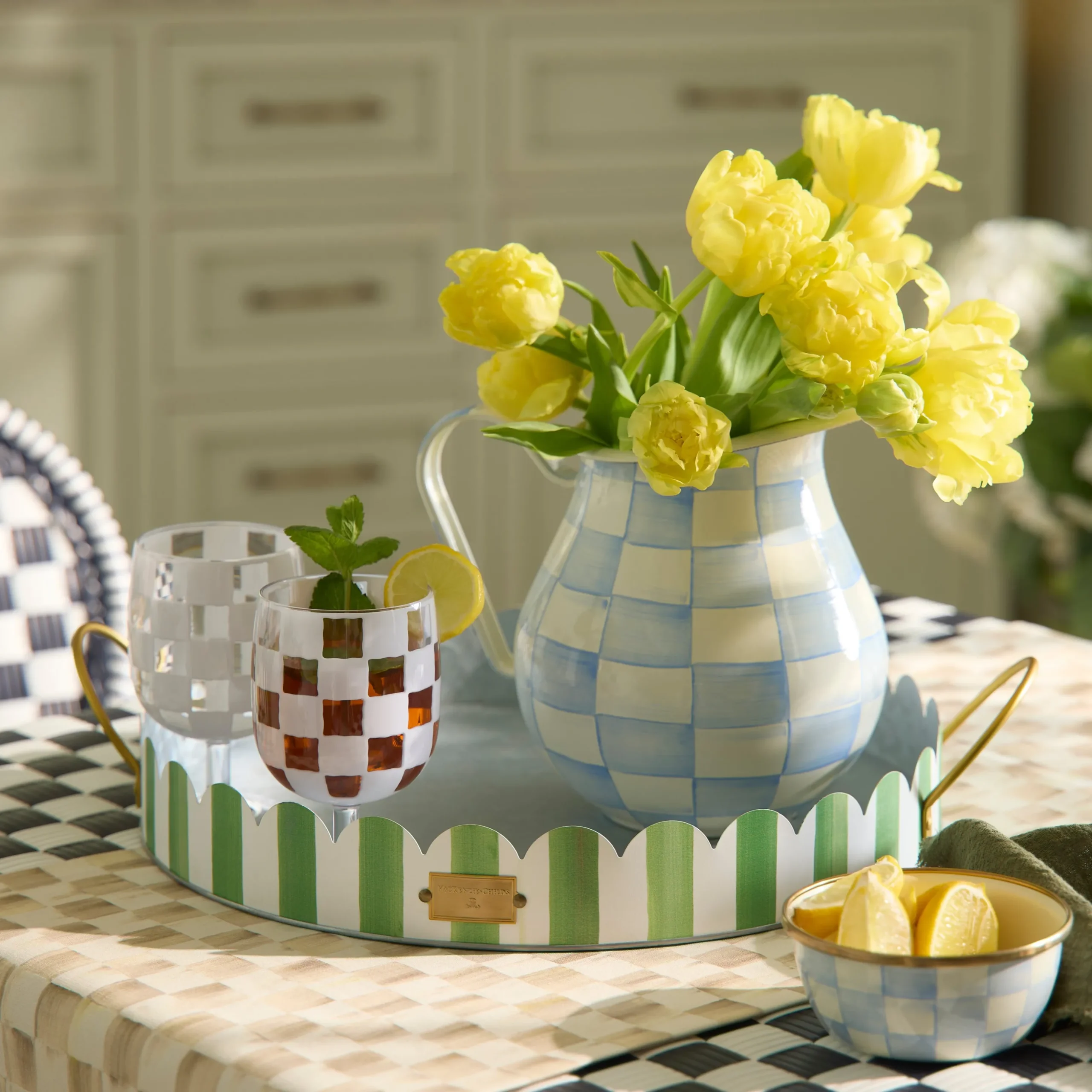 Grass Green Stripe Serving Trays, Set of 2