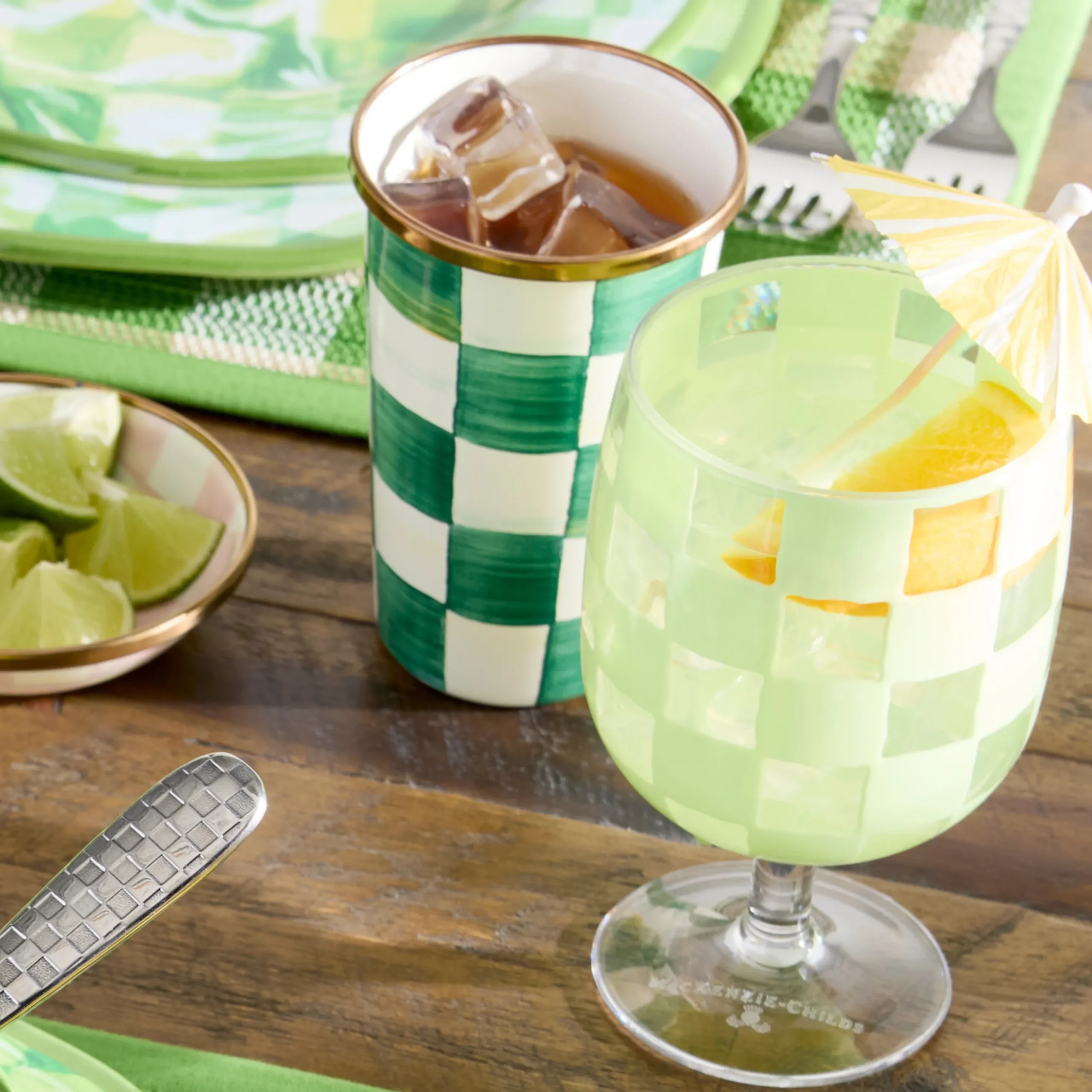 Green Check Acrylic Water Goblets, Set of 4