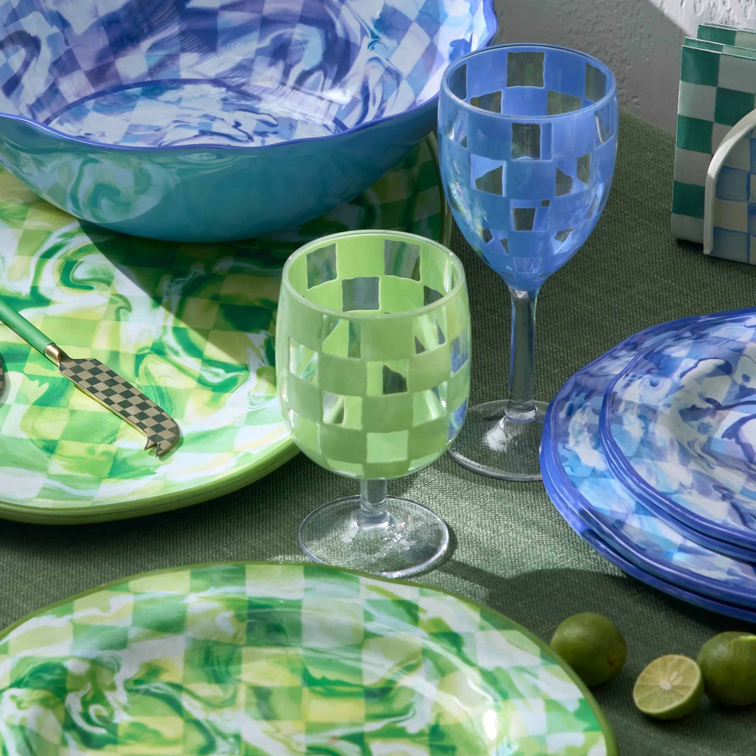 Green Check Acrylic Water Goblets, Set of 4