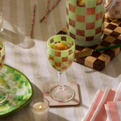 Green Check Acrylic Wine Goblets, Set of 4