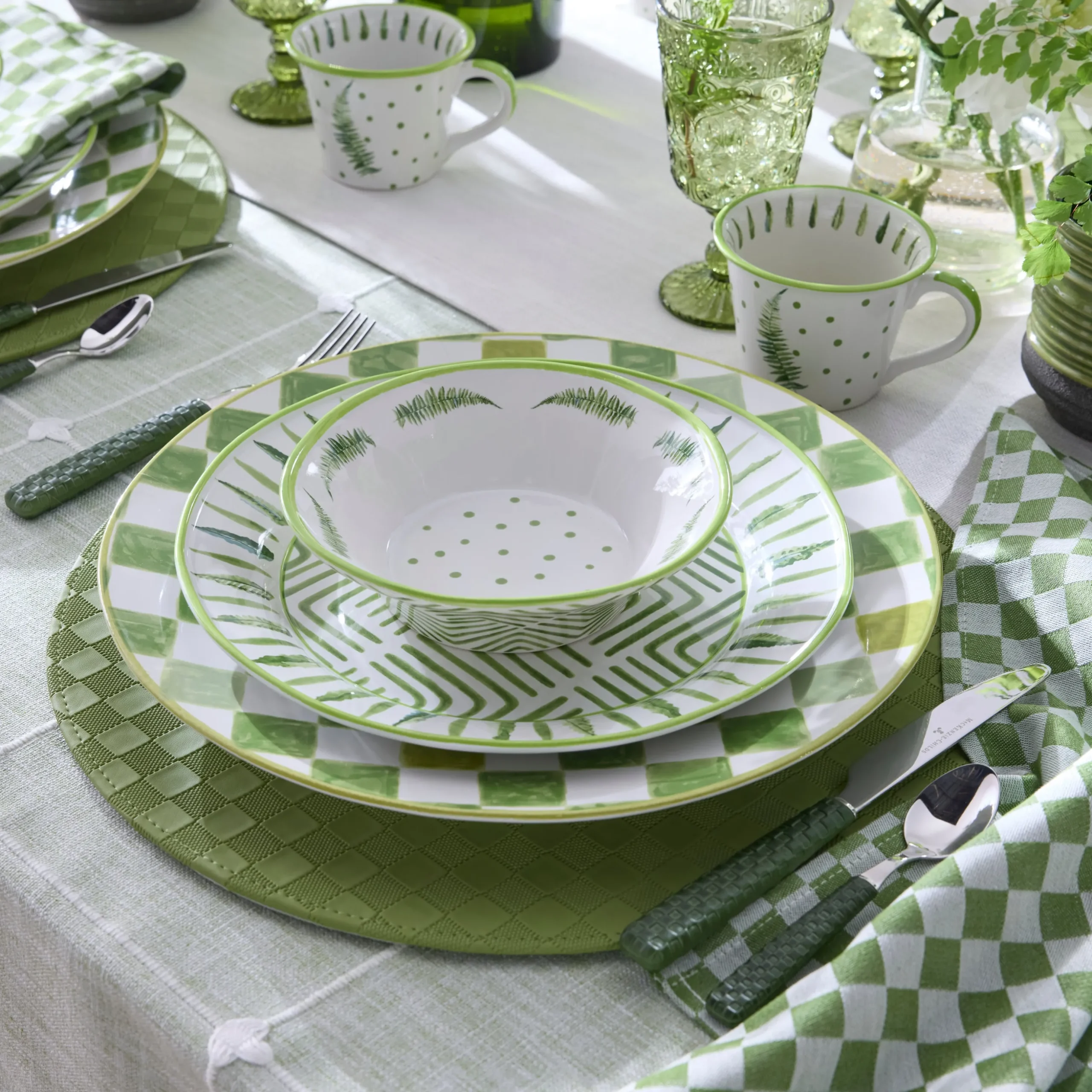 Green Check Round Platter