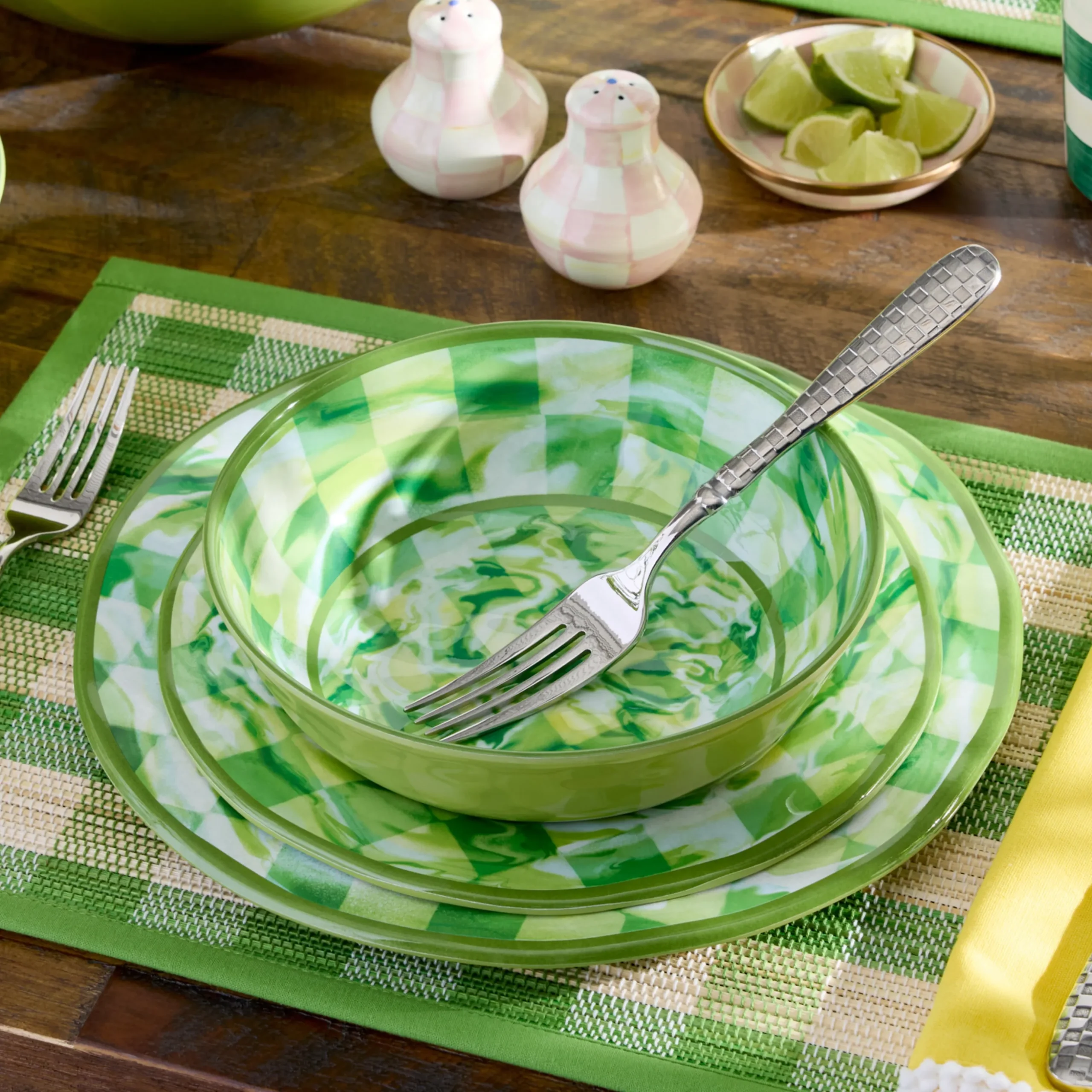 Green Marble Check Melamine Dinner Plates, Set of 4