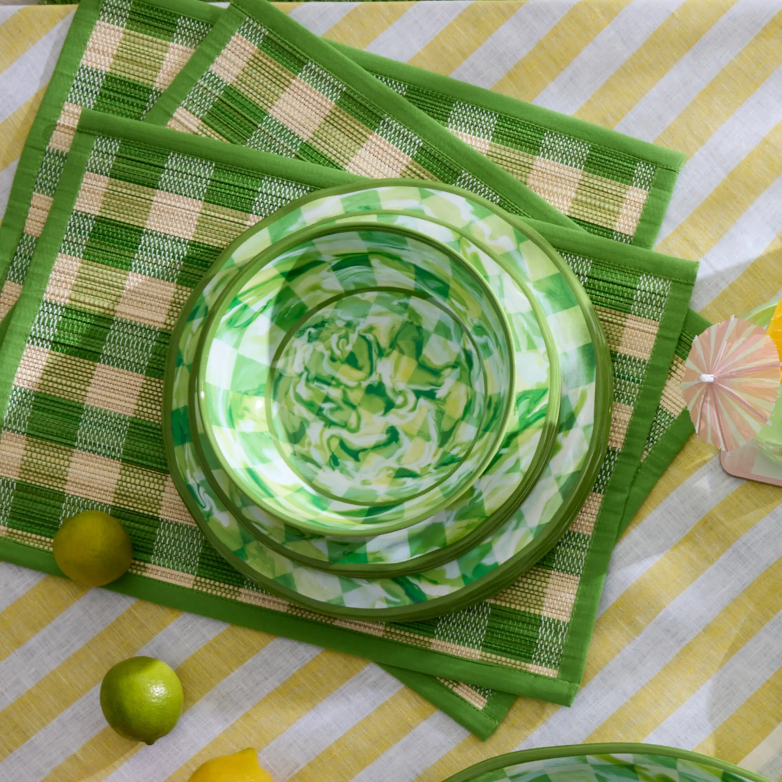 Green Marble Check Melamine Dinner Plates, Set of 4
