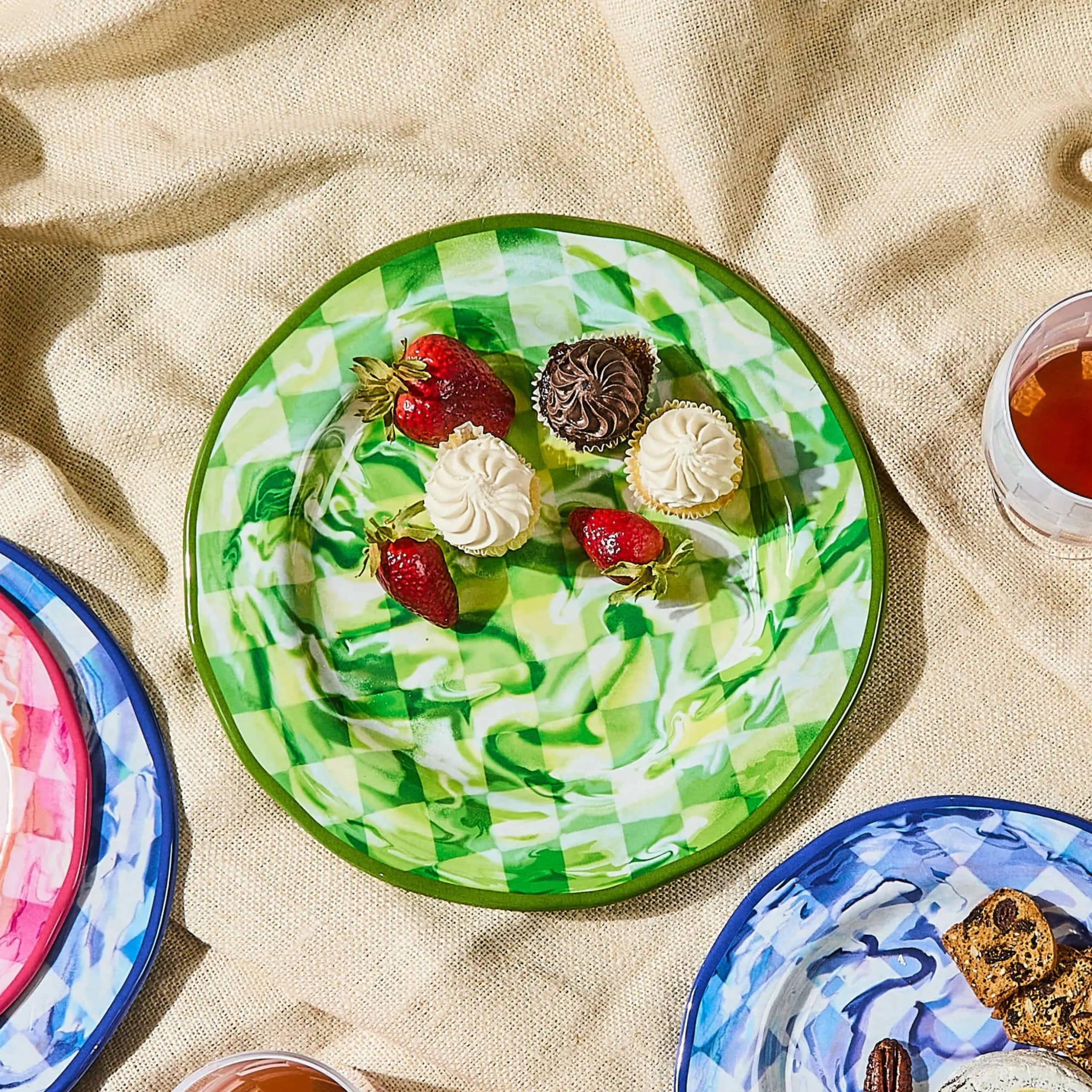 Green Marble Check Melamine Dinner Plates, Set of 4