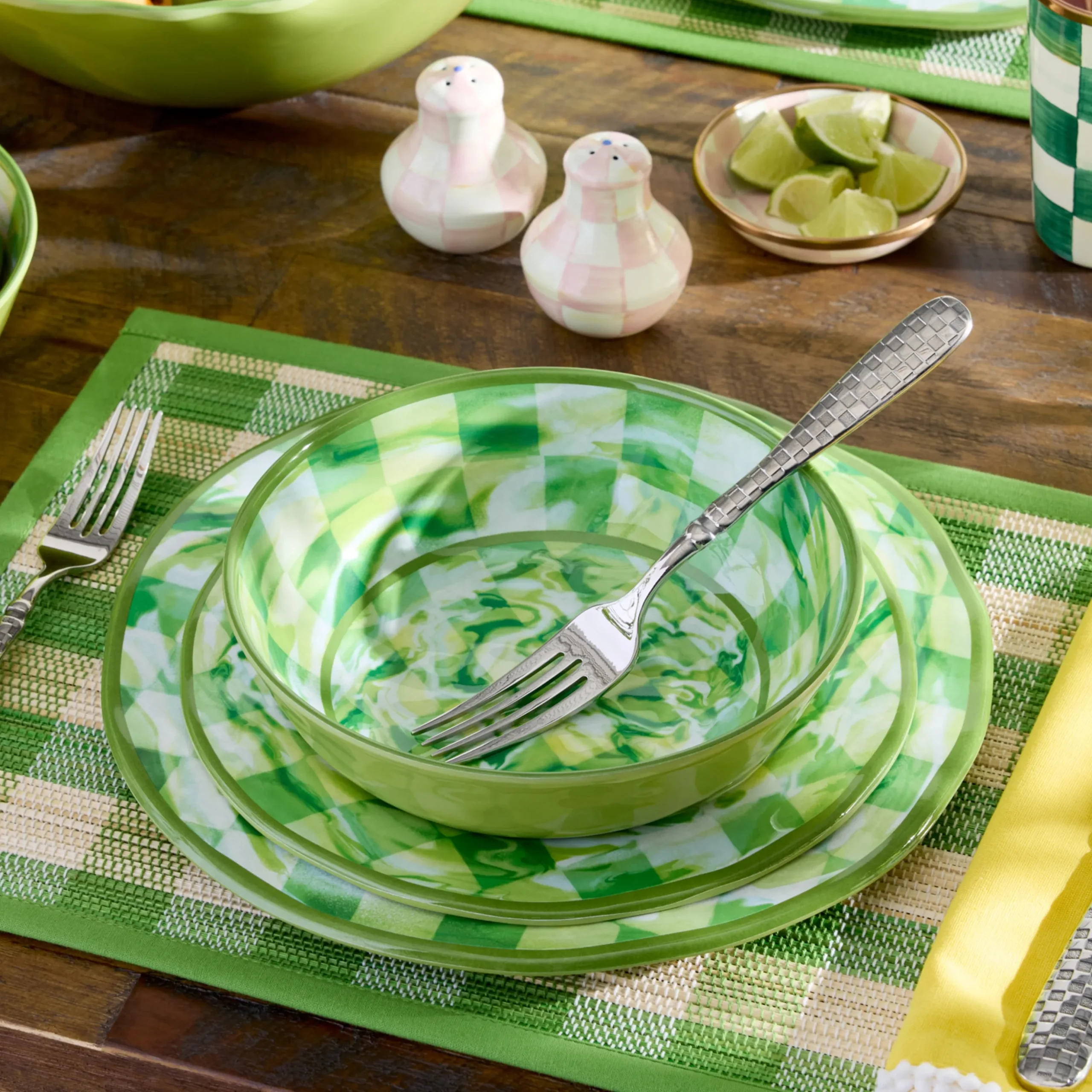 Green Marble Check Melamine Salad Plates, Set of 4