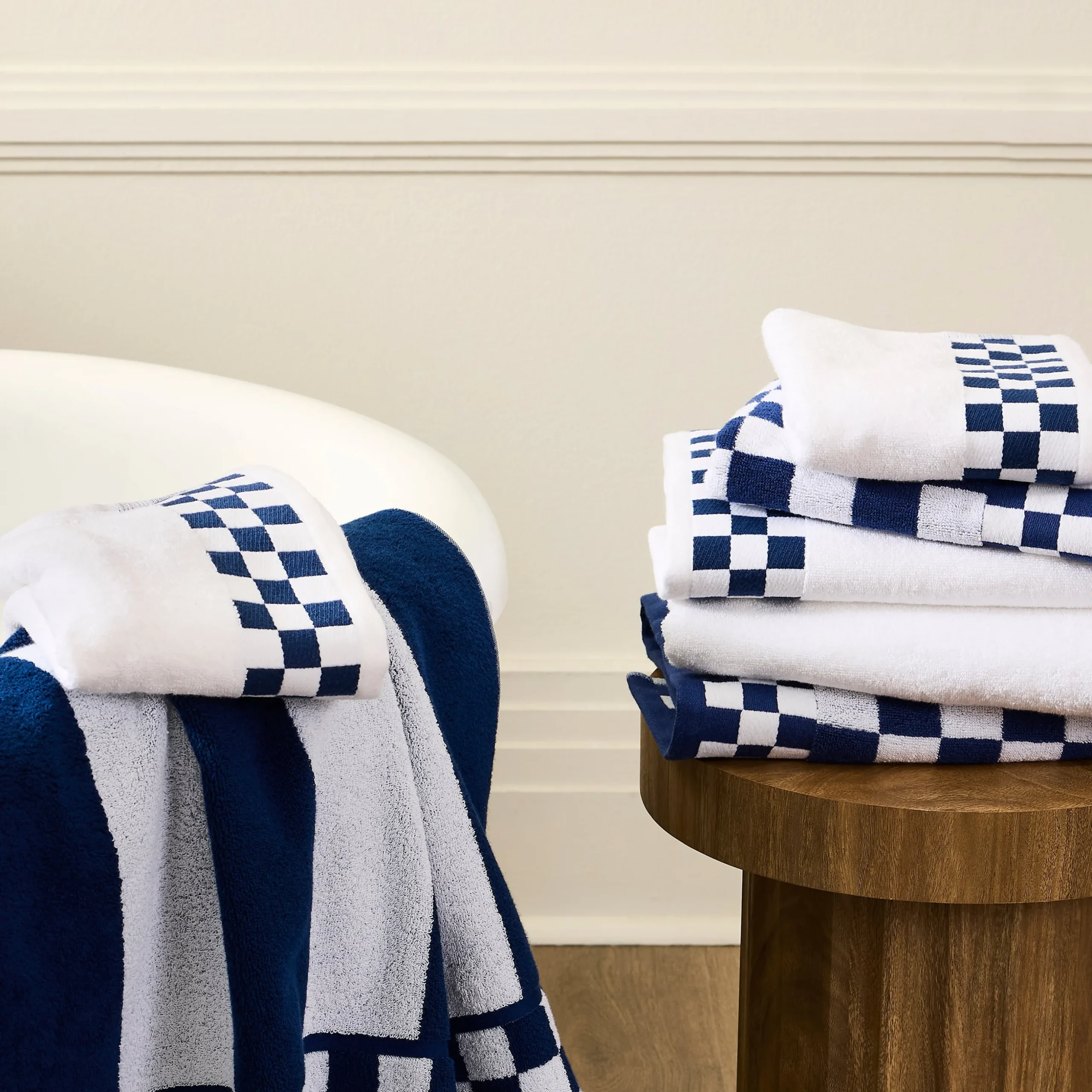 Hand Towel with Indigo Check Border