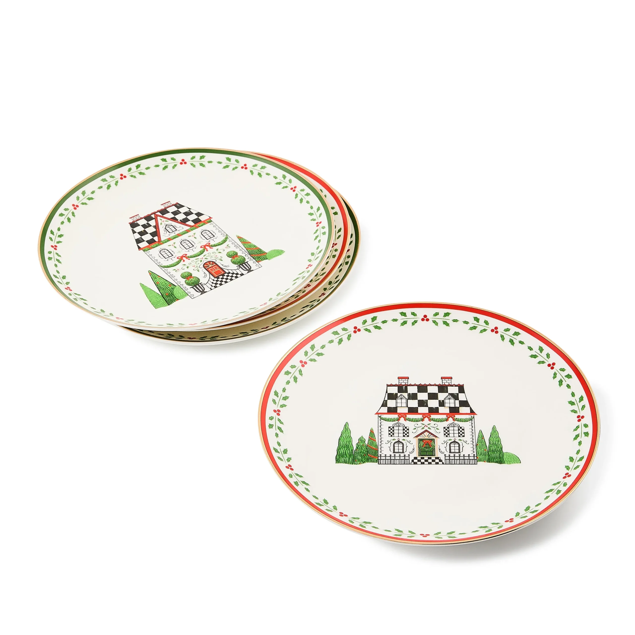 Holly Village Ceramic Dessert Plates, Set of 4