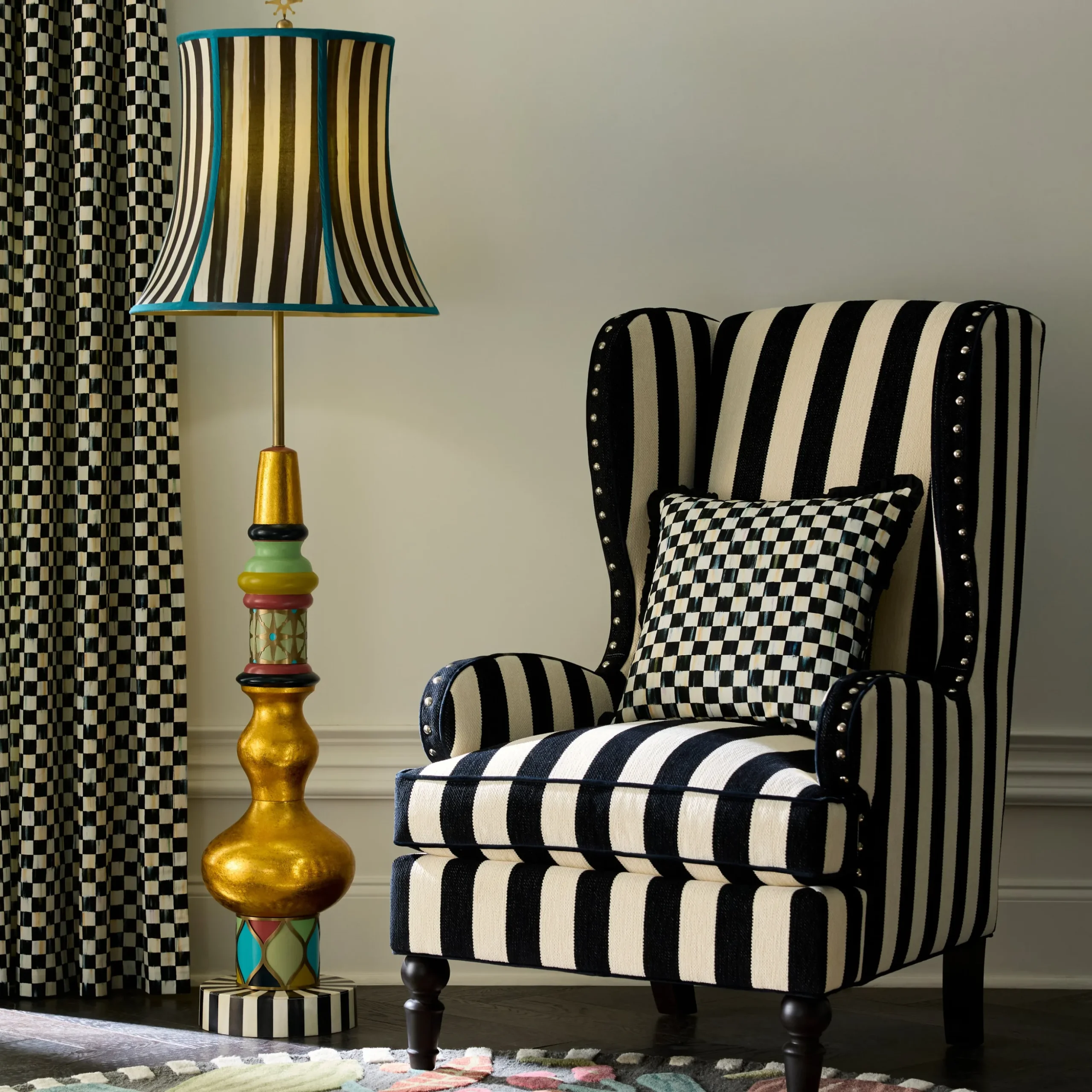 Marquee Black Stripe Chenille Wing Chair