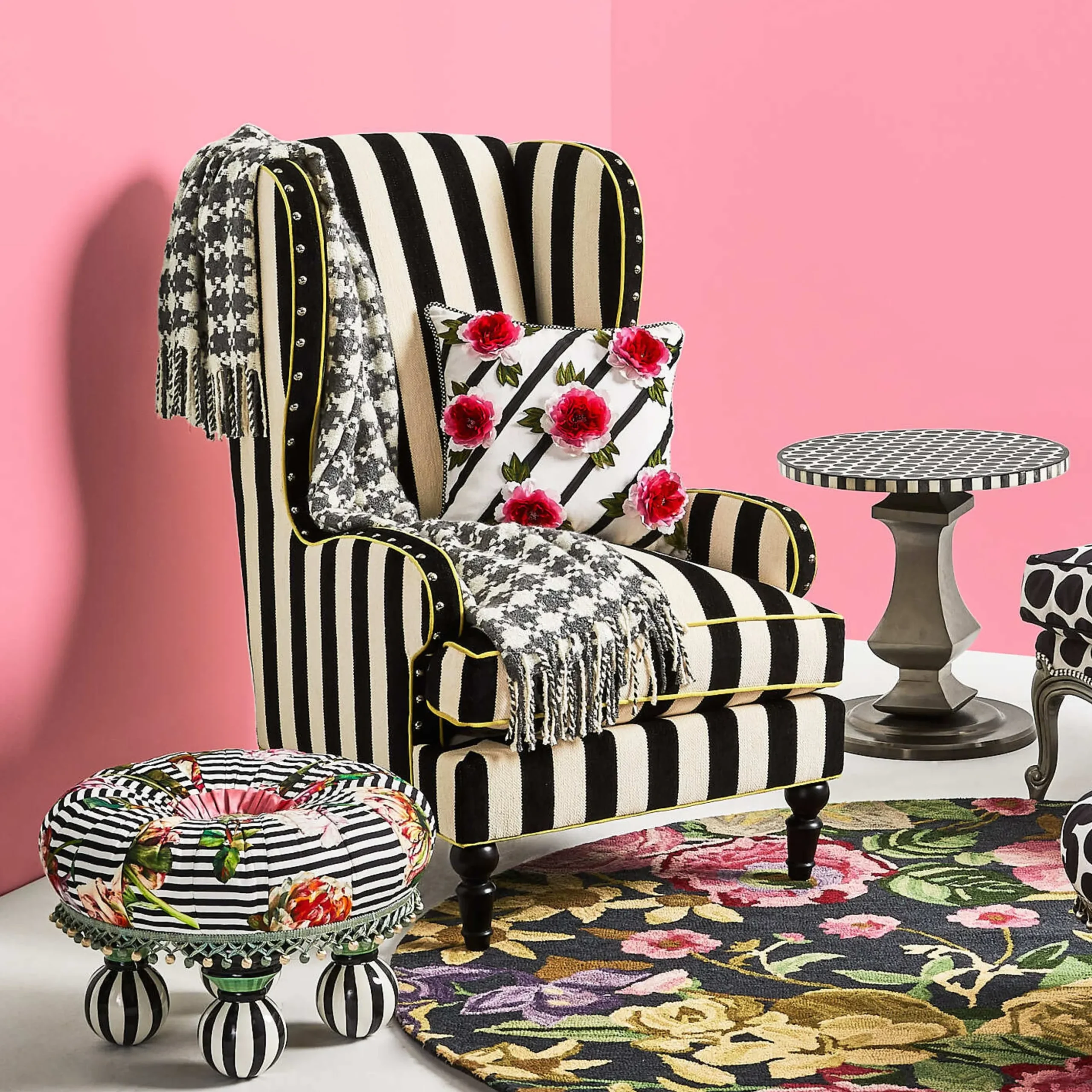 Marquee Black Stripe Chenille Wing Chair