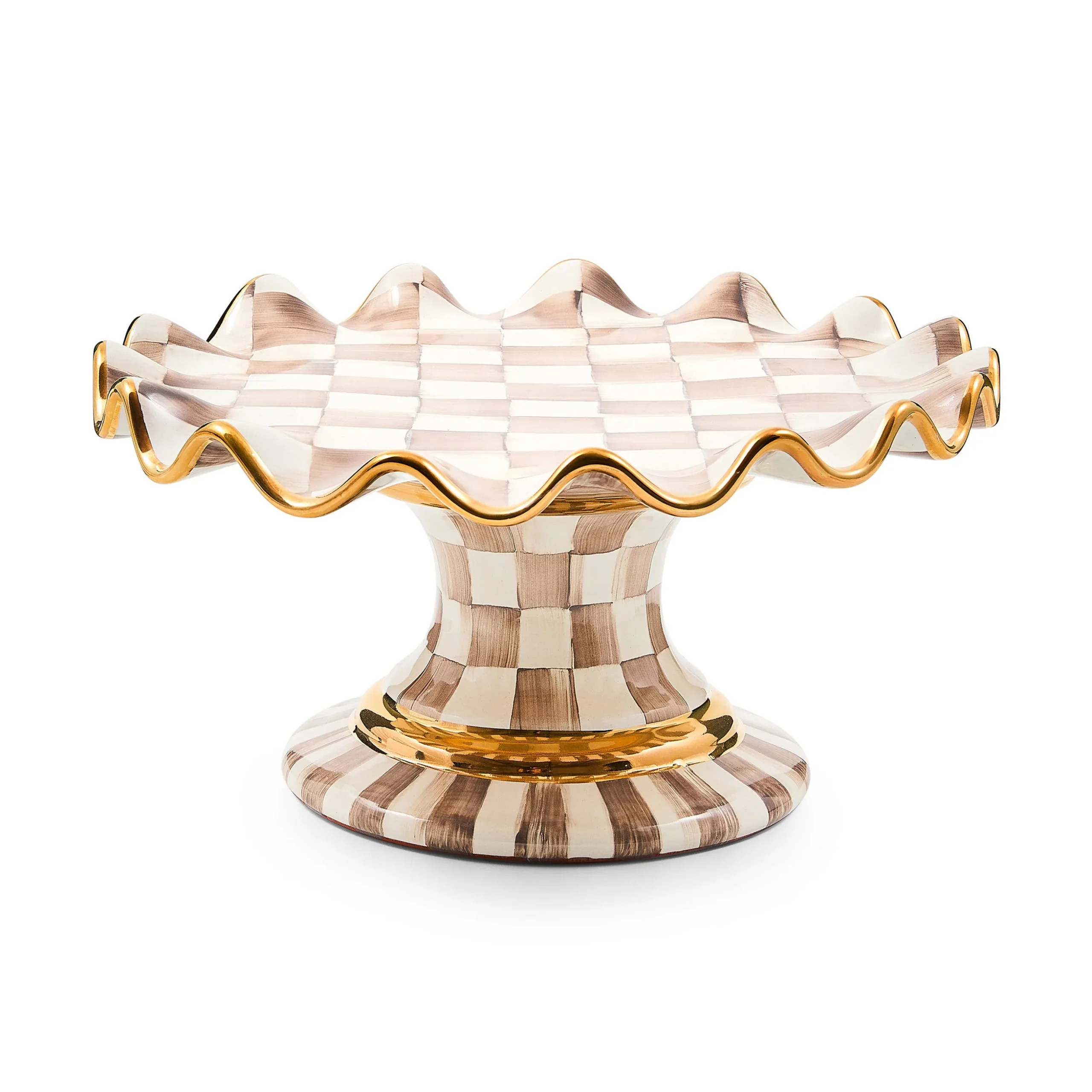 Mocha Check Ceramic Fluted Cake Stand