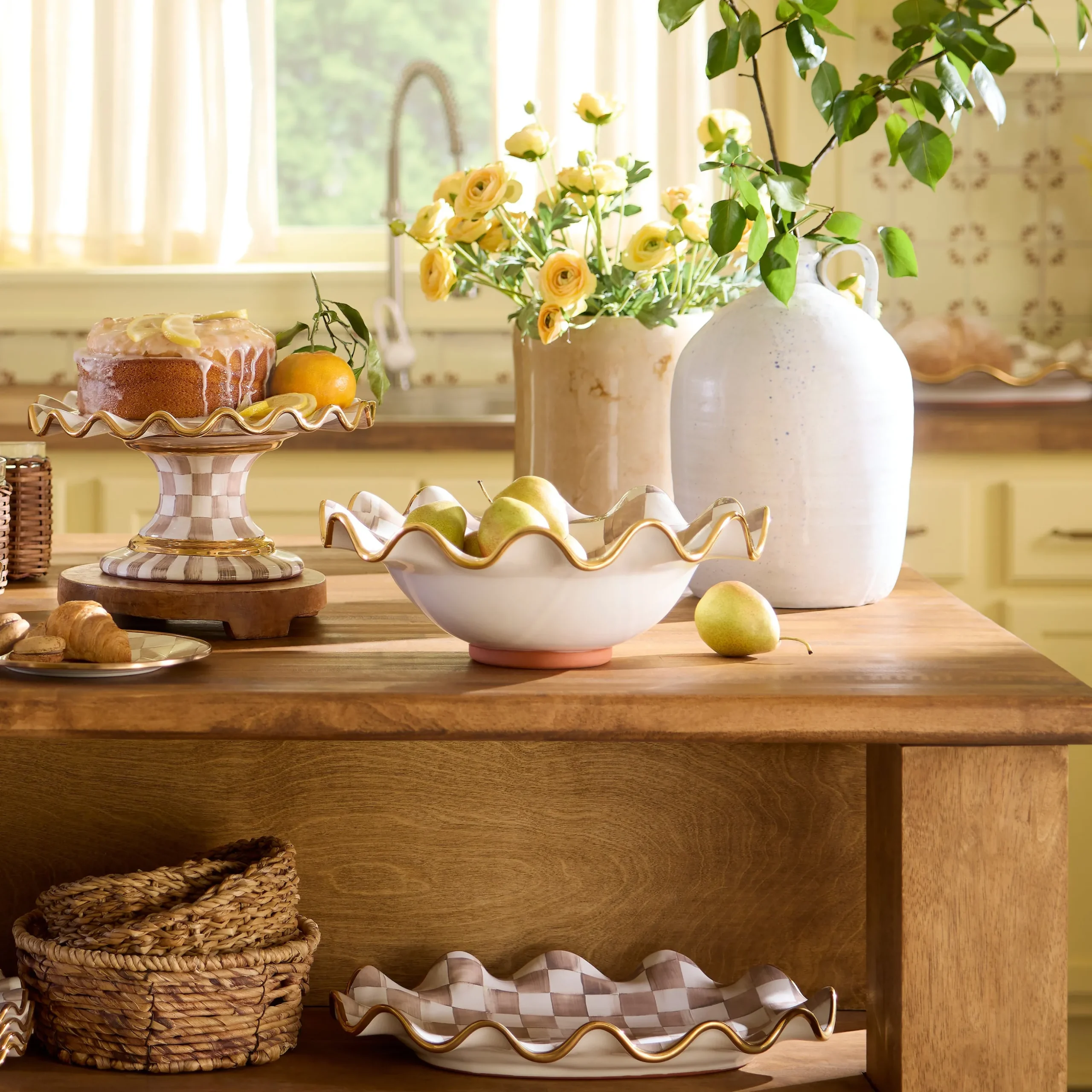 Mocha Check Ceramic Fluted Serving Bowl