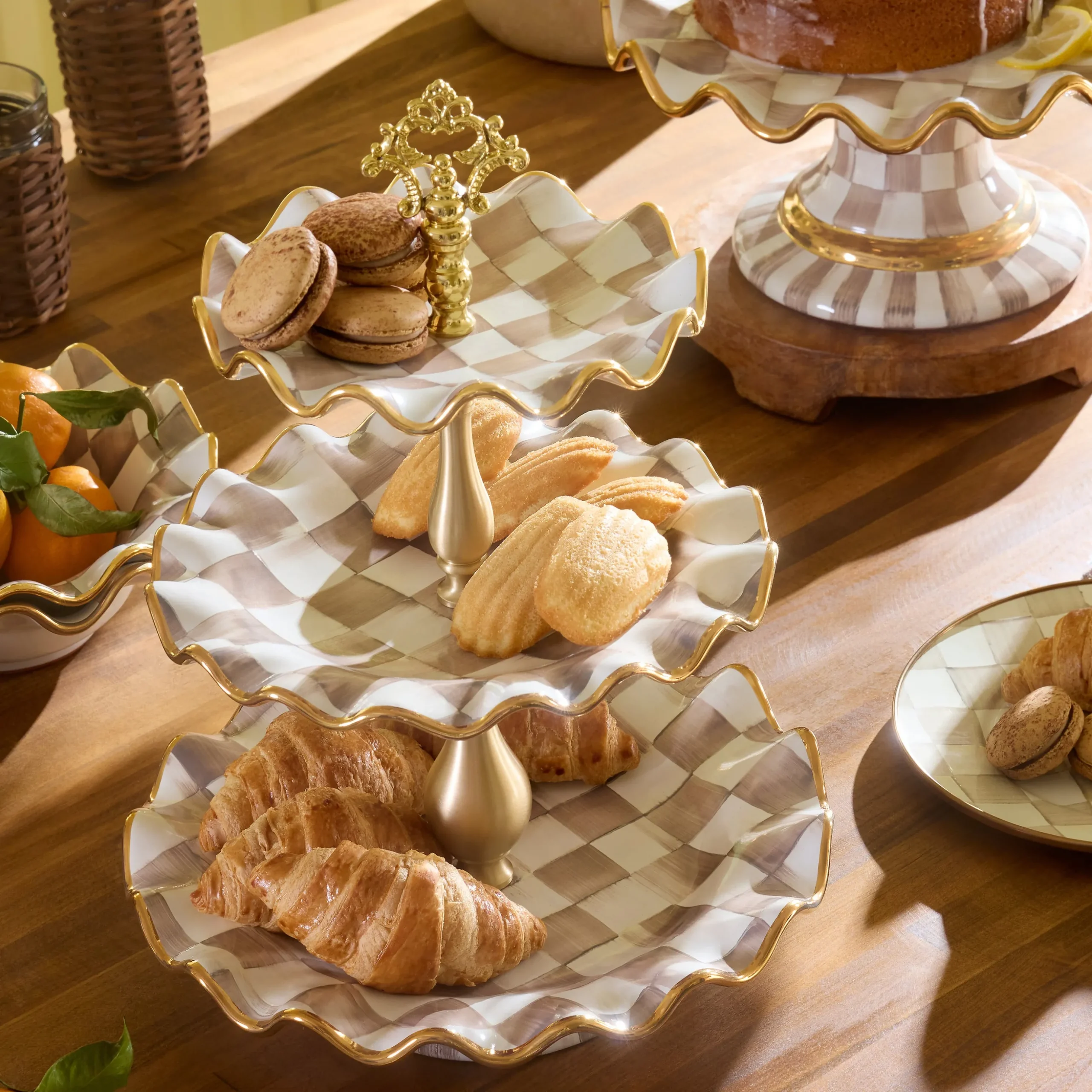 Mocha Check Ceramic Three Tier Sweet Stand