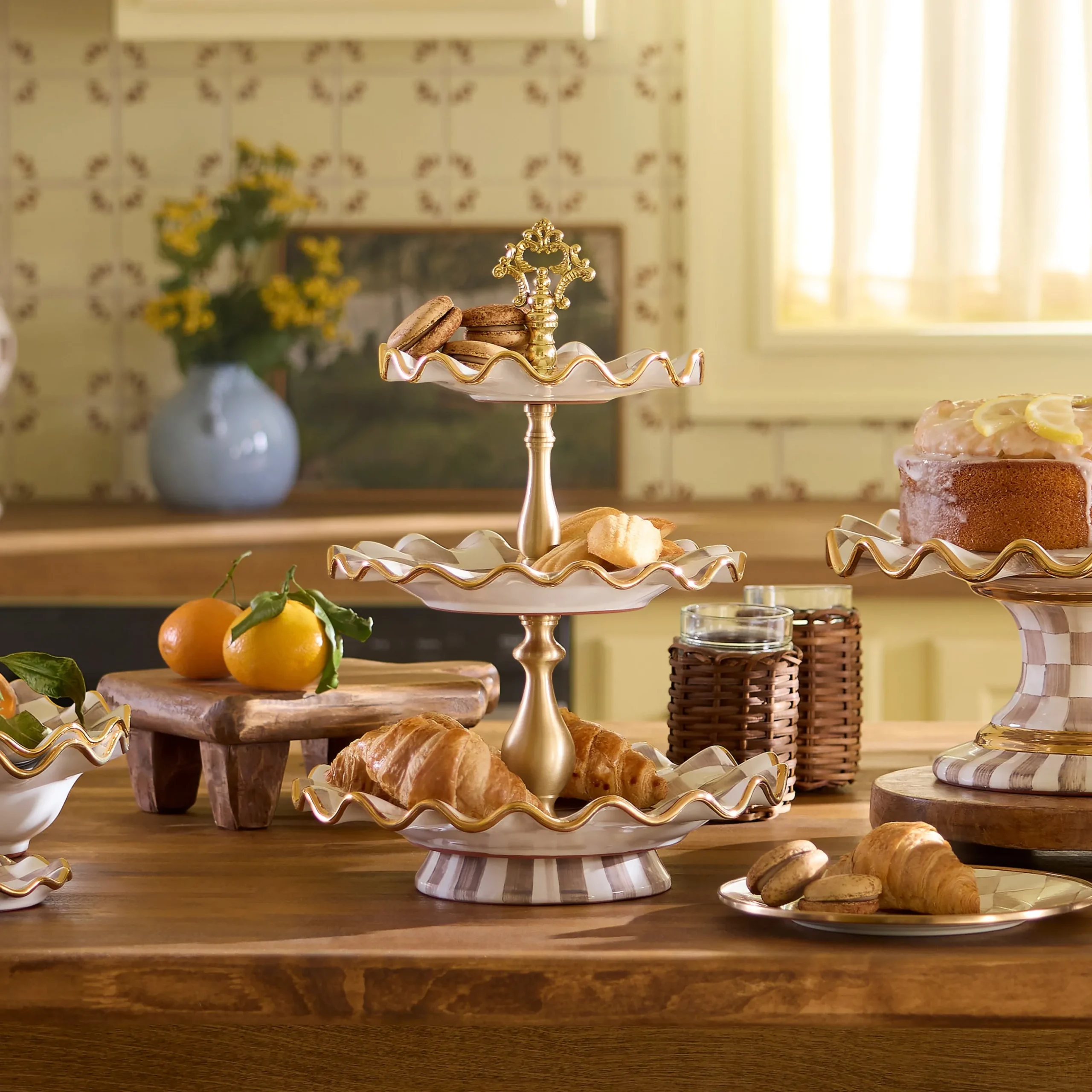 Mocha Check Ceramic Three Tier Sweet Stand