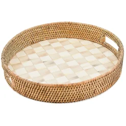 Mocha Check Enamel & Rattan Round Serving Tray