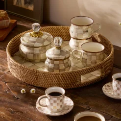 Mocha Check Enamel & Rattan Round Serving Tray