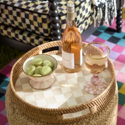 Mocha Check Enamel & Rattan Round Serving Tray