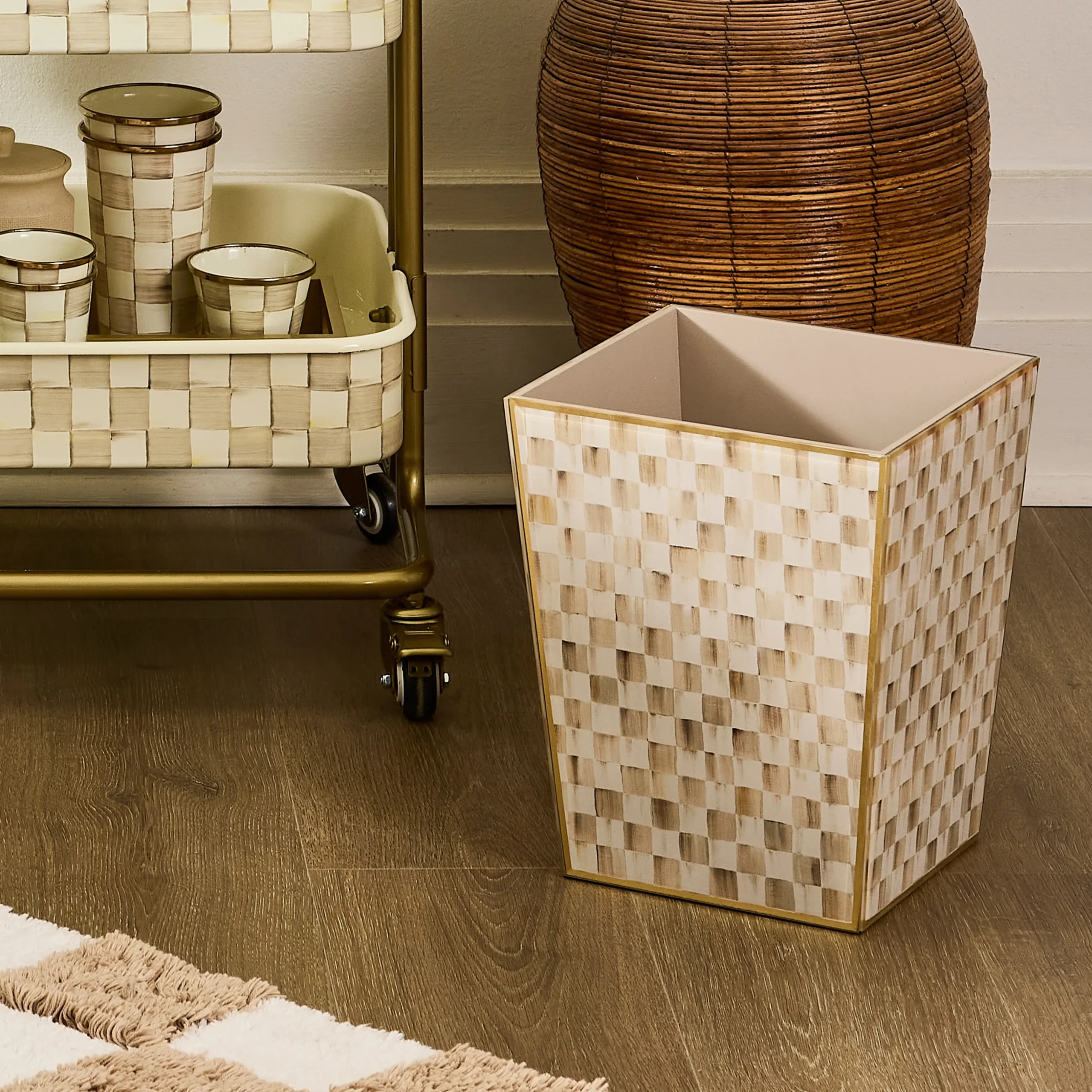 Mocha Check Glass Waste Bin