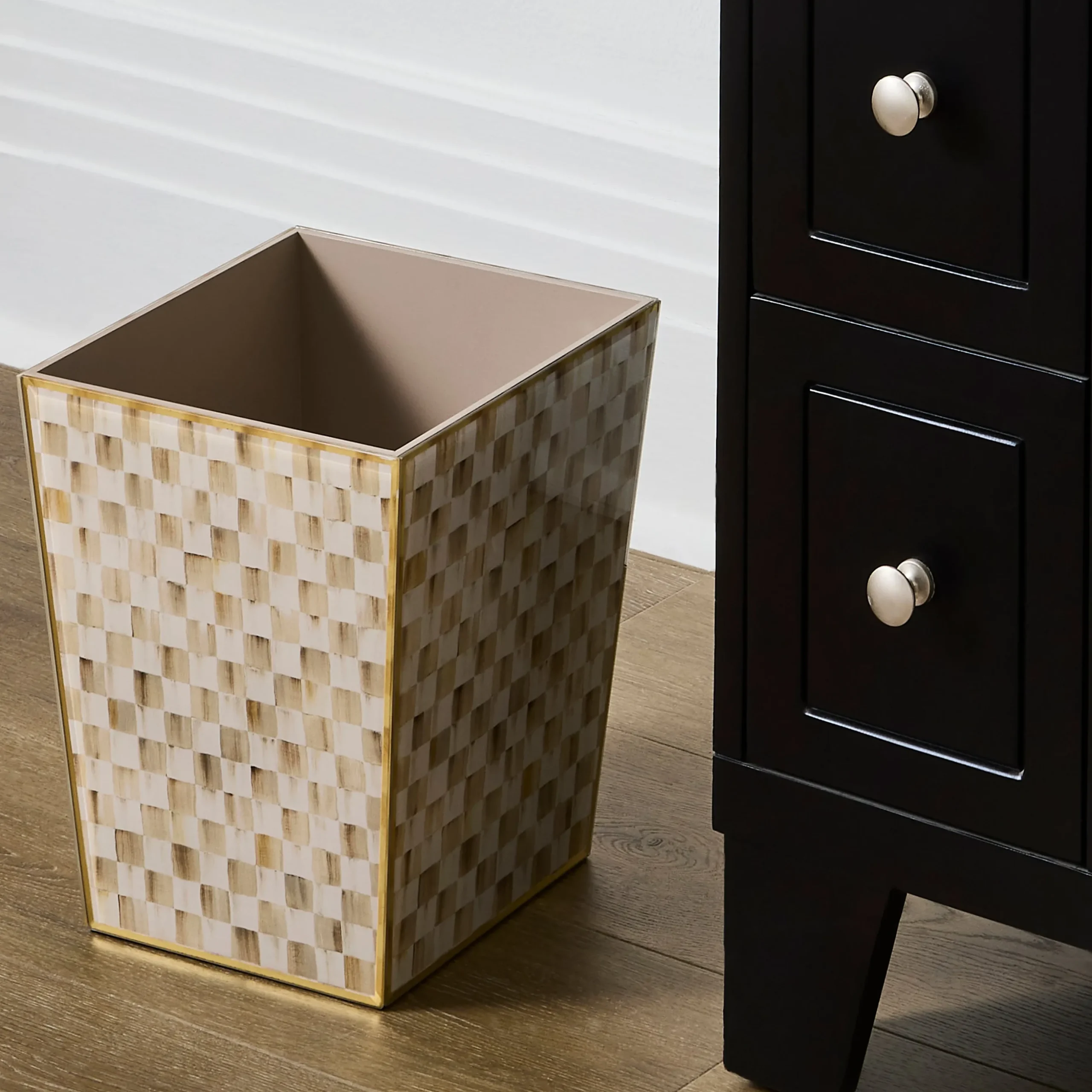 Mocha Check Glass Waste Bin