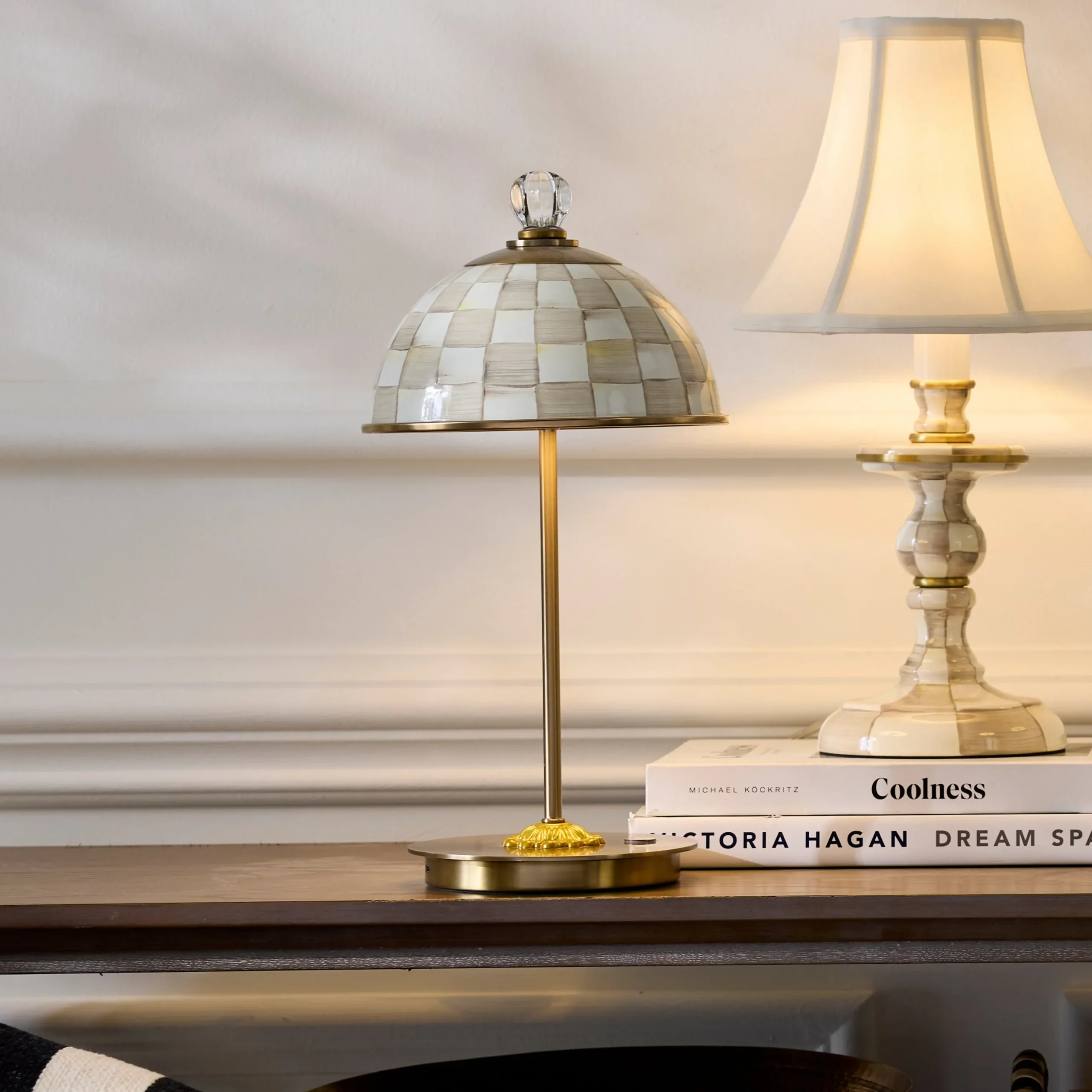 Mocha Check LED Rechargeable Dome Table Lamp