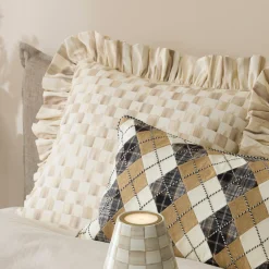Mocha Check Throw Pillow with Ruffle