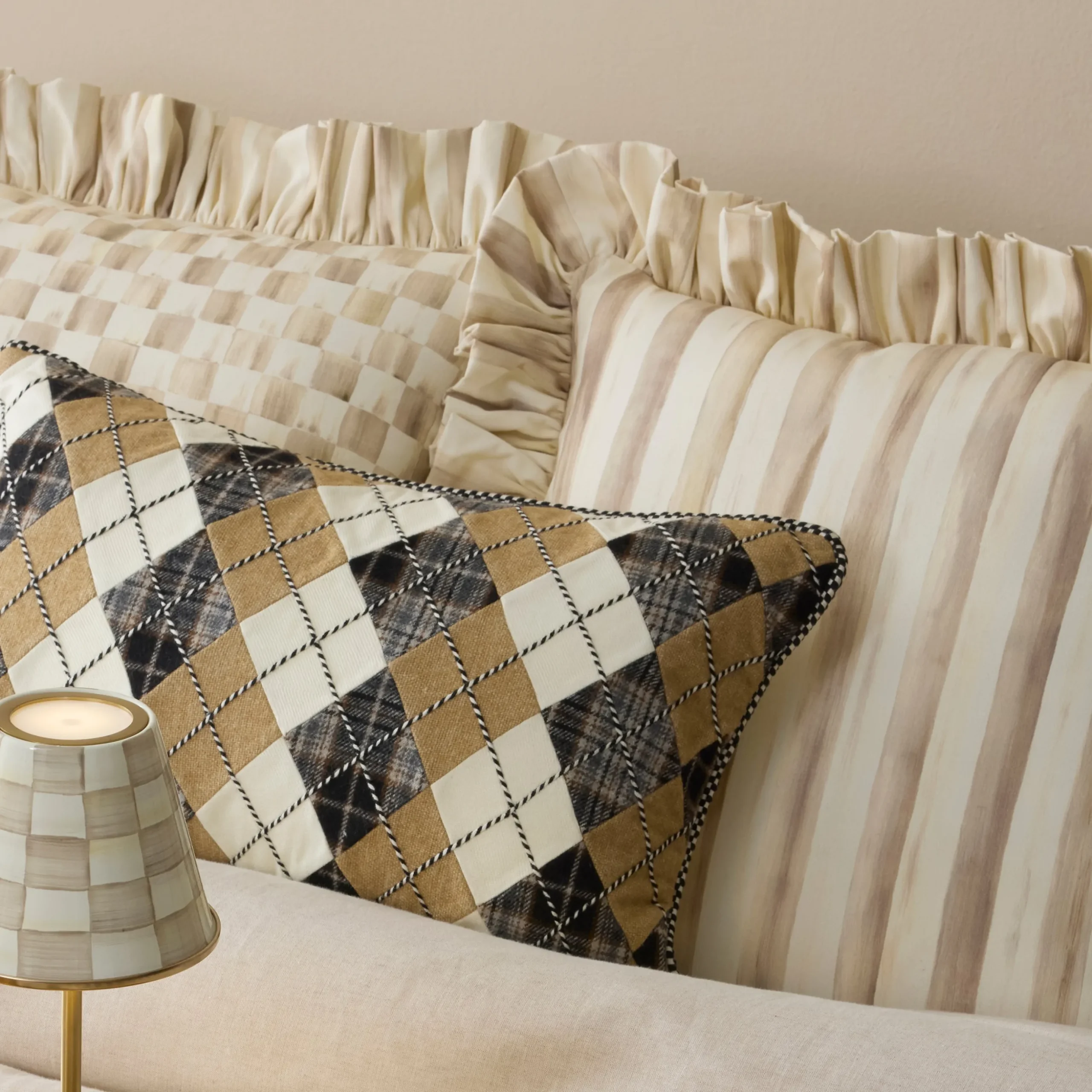 Mocha Stripe Throw Pillow with Ruffle