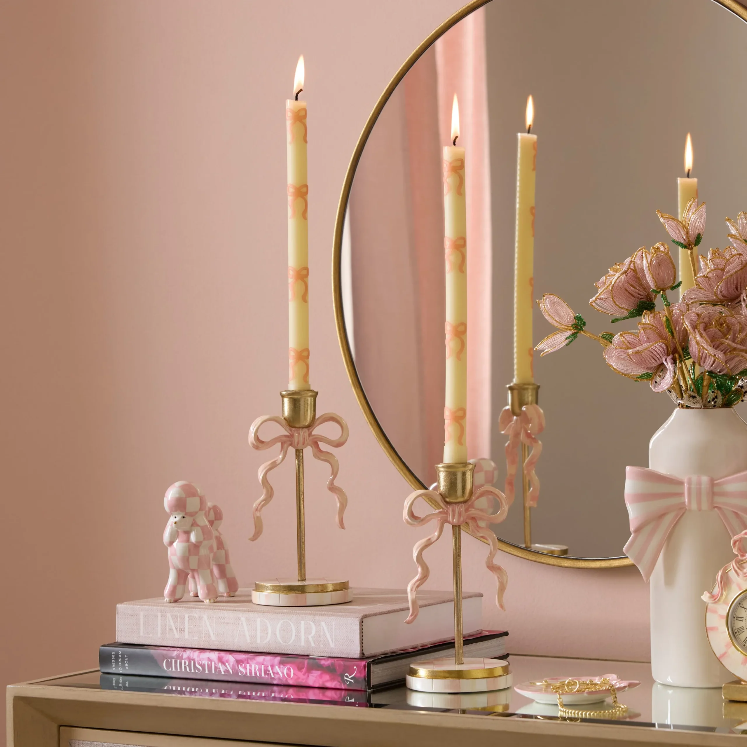 Pink Bow Dinner Candles, Set of 2