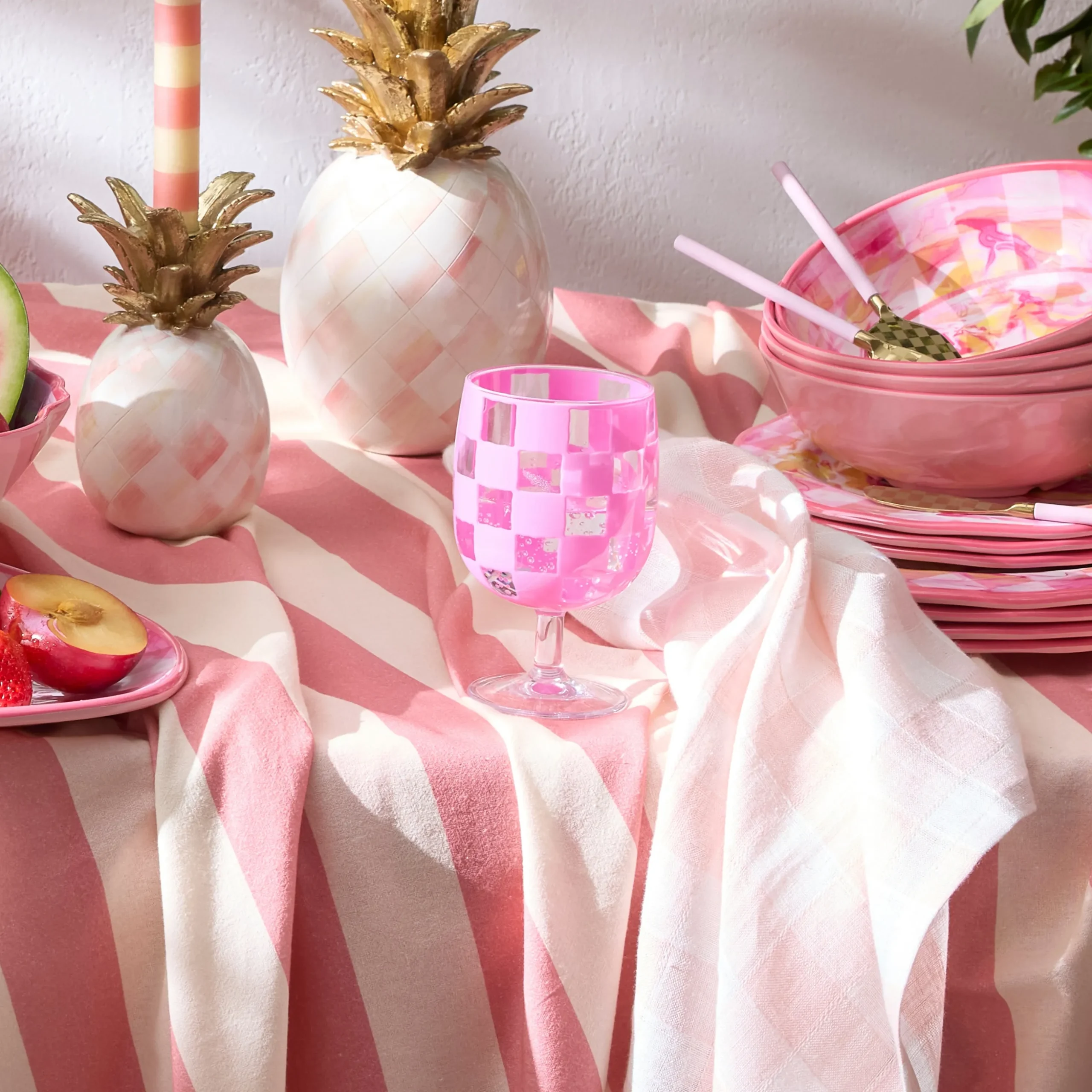 Pink Check Acrylic Water Goblets, Set of 4
