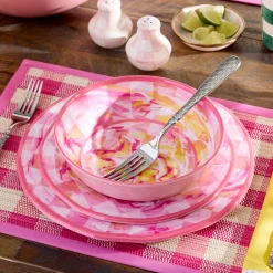 Pink Marble Check Melamine Dinner Plates, Set of 4