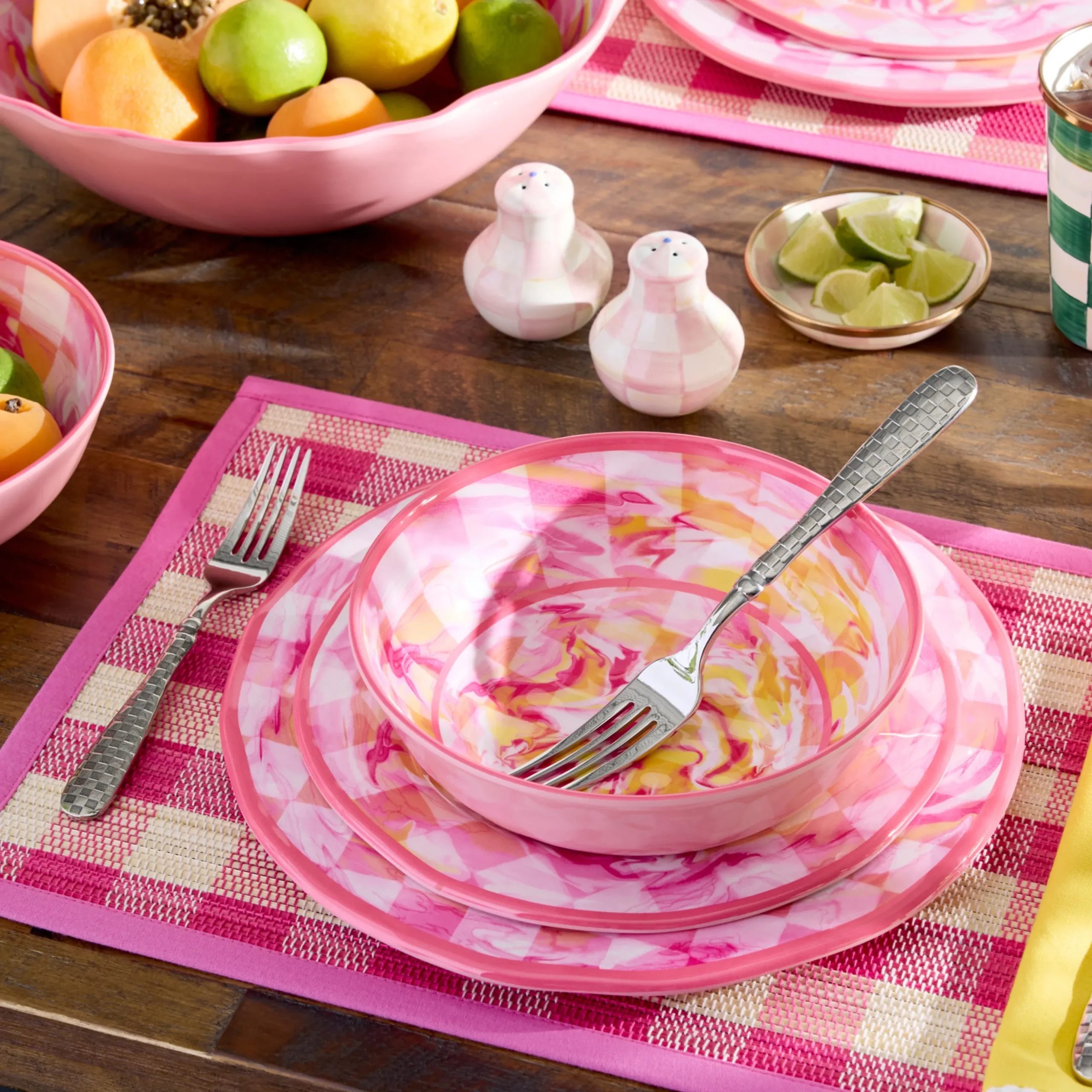 Pink Woven Check Straw Placemats, Set of 4